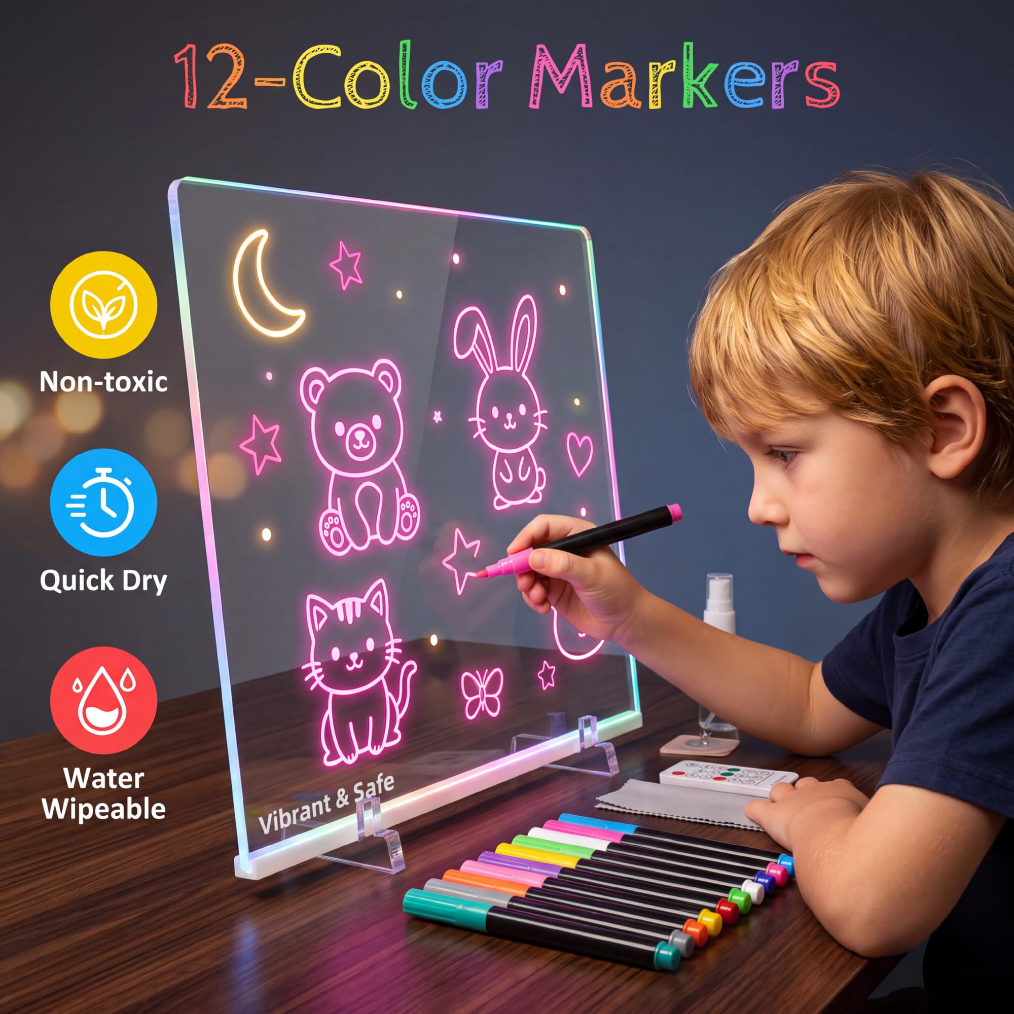 Planche à dessin LED pour enfants, planche à dessin lumineuse avec 12 marqueurs, télécommande, 7 couleurs, 4 modes, tableau lumineux réutilisable en acrylique pour adolescentes, cadeau pour