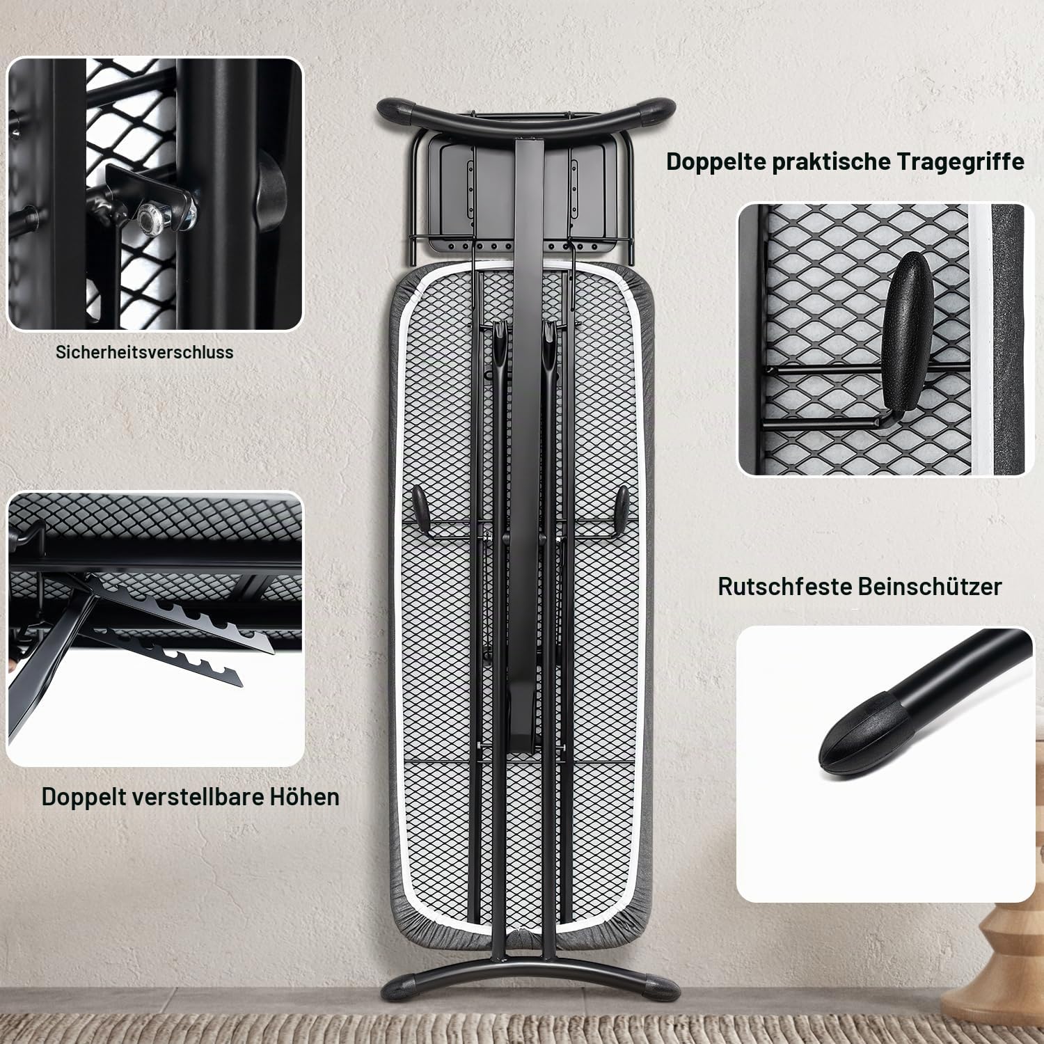 Duwee Extra großes breites Bügelbrett, Deluxe Bügelbretter für Dampfbügeleisen, robustes Bügelbrett mit verstellbarer Höhe, stabile Beine, schwarz, 117 x 46 cm