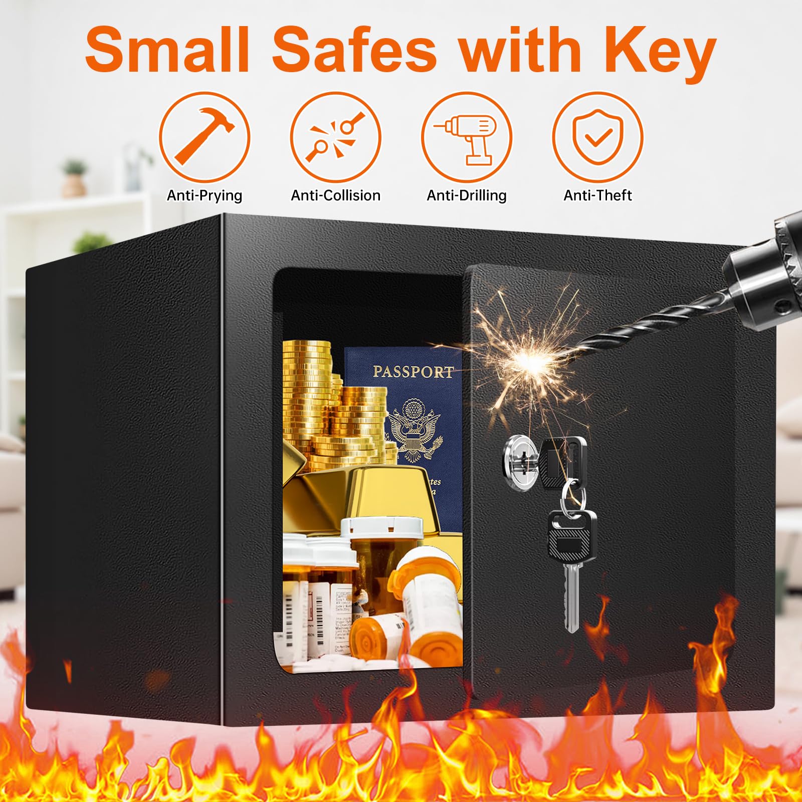 0.25 Cuft Small Fireproof Safe Box with Key Lock, Hidden Steel