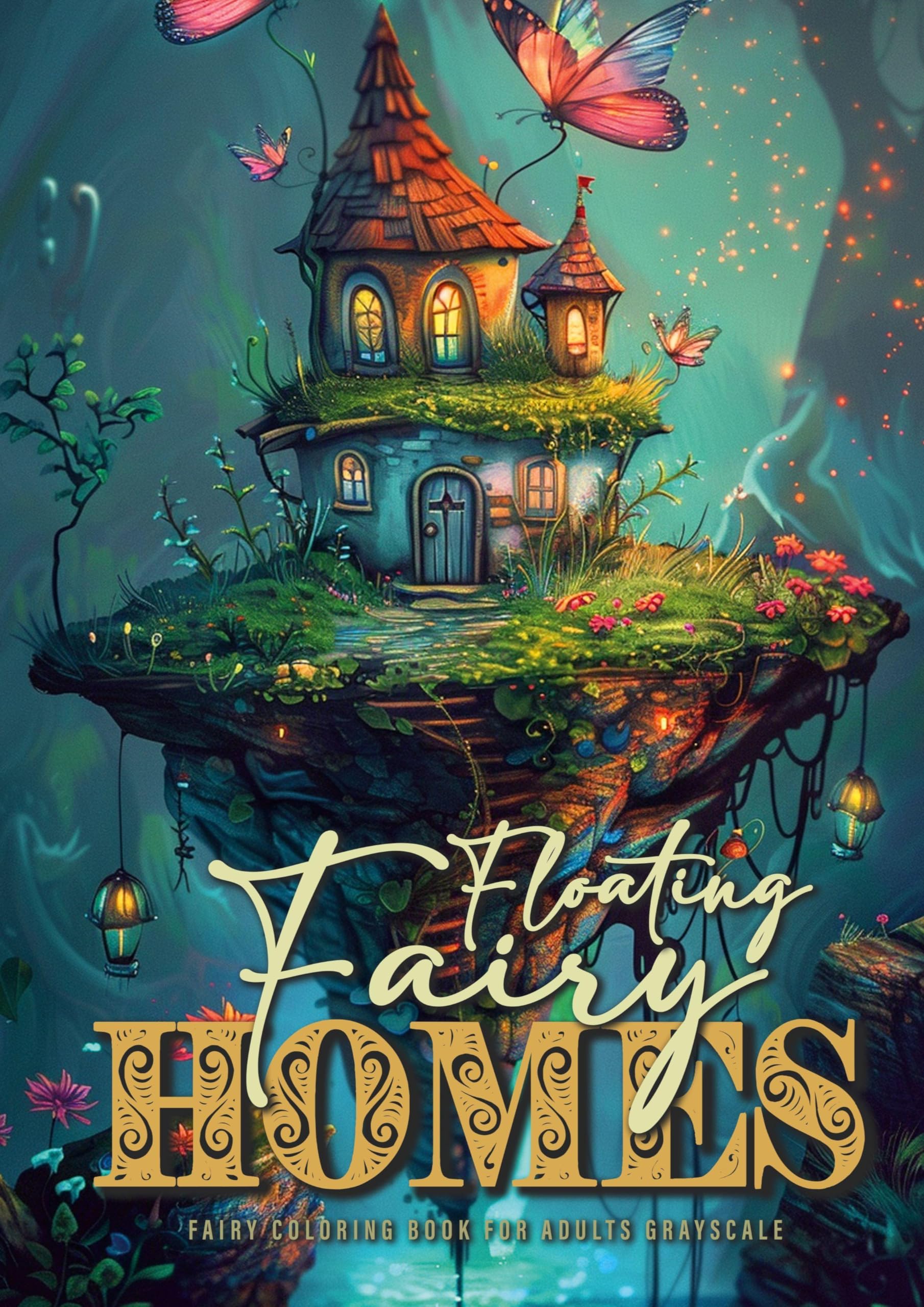 Floating Fairy Homes Coloring Book for Adults Grayscale: Whimsical Houses Coloring Book | Grayscale Fairy Houses Coloring Book for Adults - floating Islands|