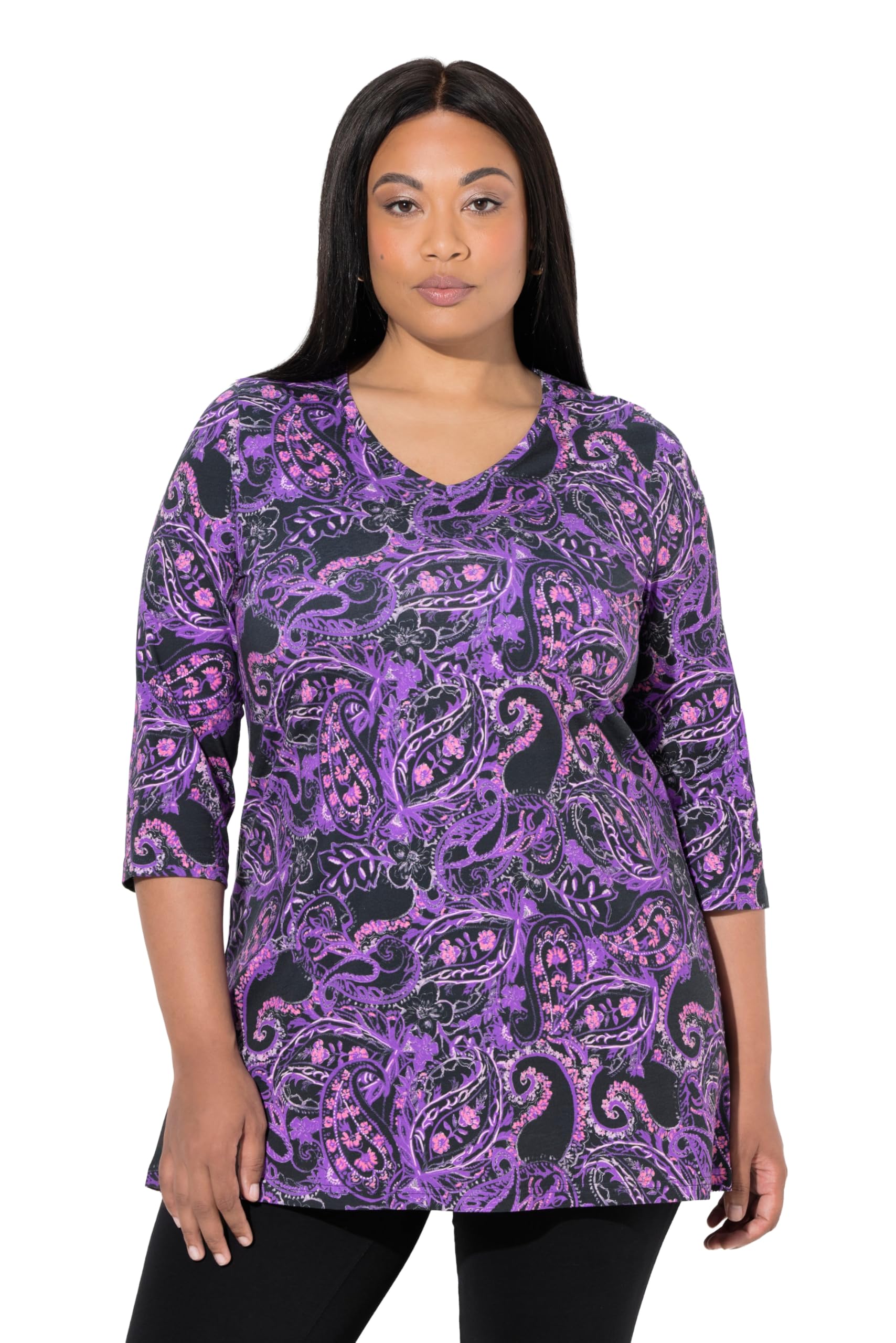 Ulla Popken Damen große Größen Übergrößen Plus Size Longshirt, Paisley, A-Linie, V-Ausschnitt, 3/4Arm 846992