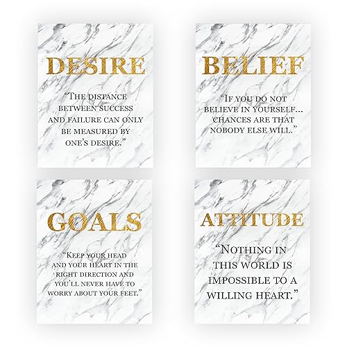 Success Traits Quotes Wall Art-4 Print Set-8 x 10s Motivational Art Wall Prints-Ready to Frame DESIRE-BELIEF-GOALS-ATTITUDE Gold Granite