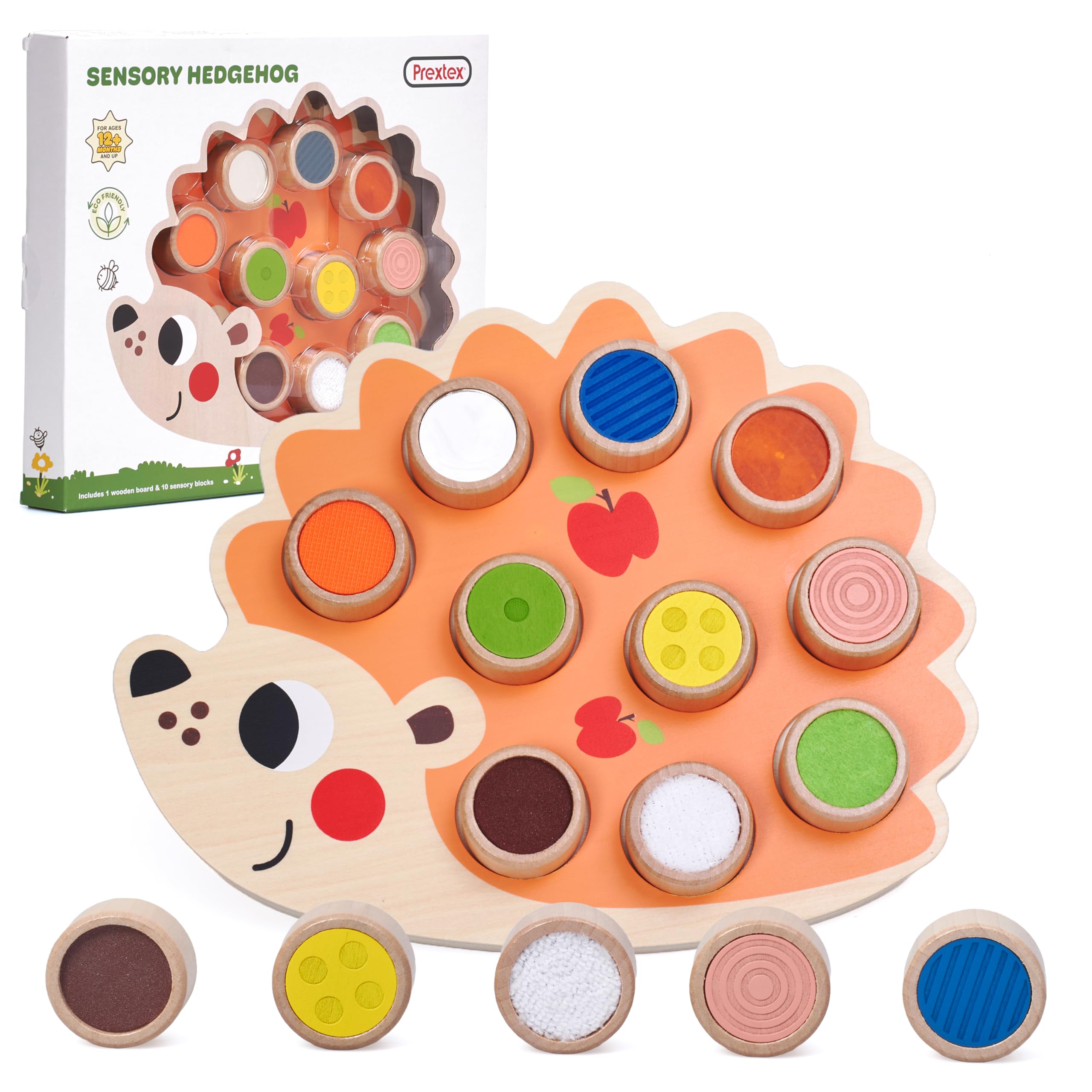 PREXTEX Sensory Hedgehog Toys for Toddlers - Montessori Color Sorting Toys - Includes 1 Wooden Board and 10 Colored Sensory Blocks - for Ages 12 Months and Up - Educational Toy - 1.5x12.9x10.7 in