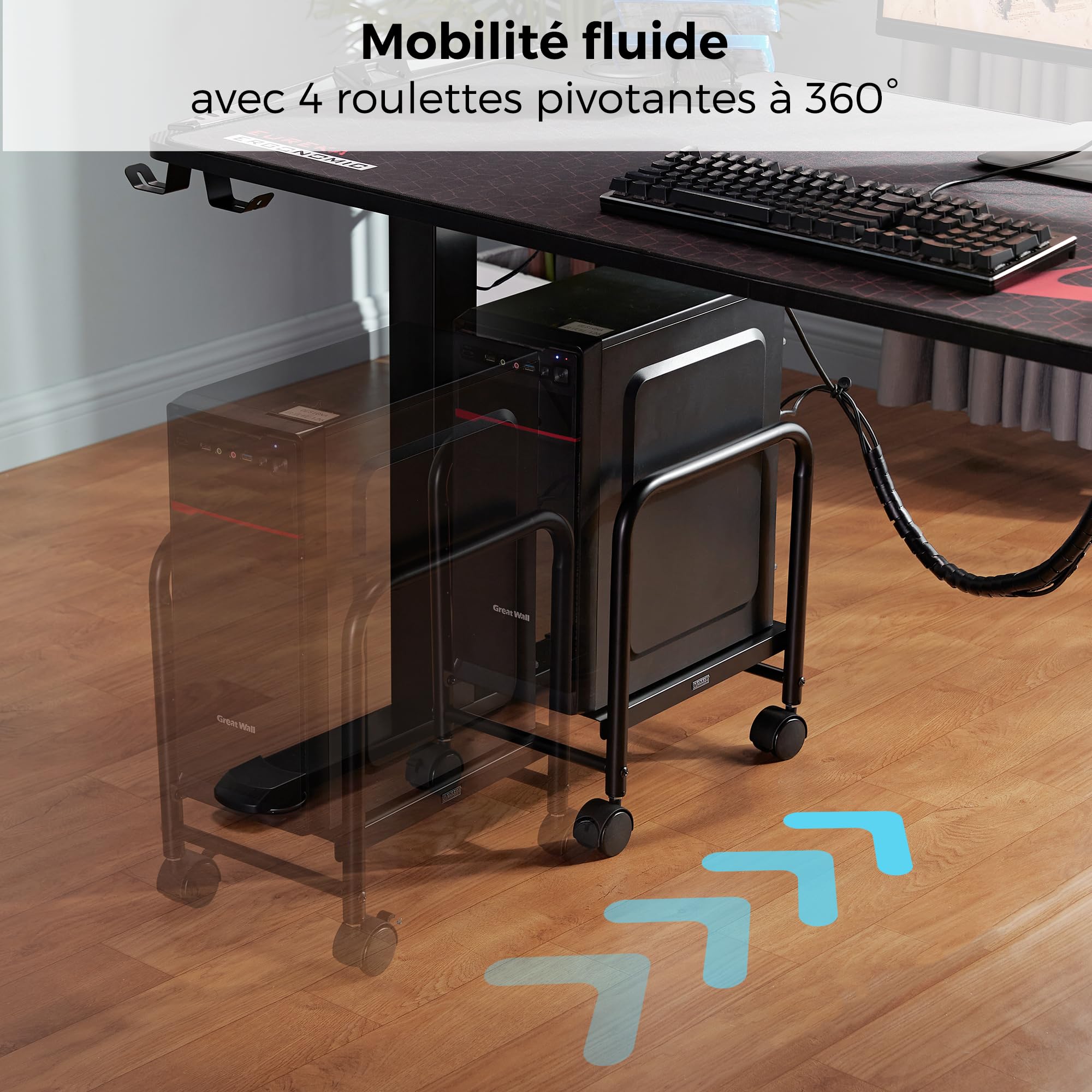 EUREKA ERGONOMIC Support PC Hauteur Réglable Chariot Informatique Mobile Support pour Unité Centrale Ordinateur avec 4 Roulettes pour Bureau Assis Debout Noir