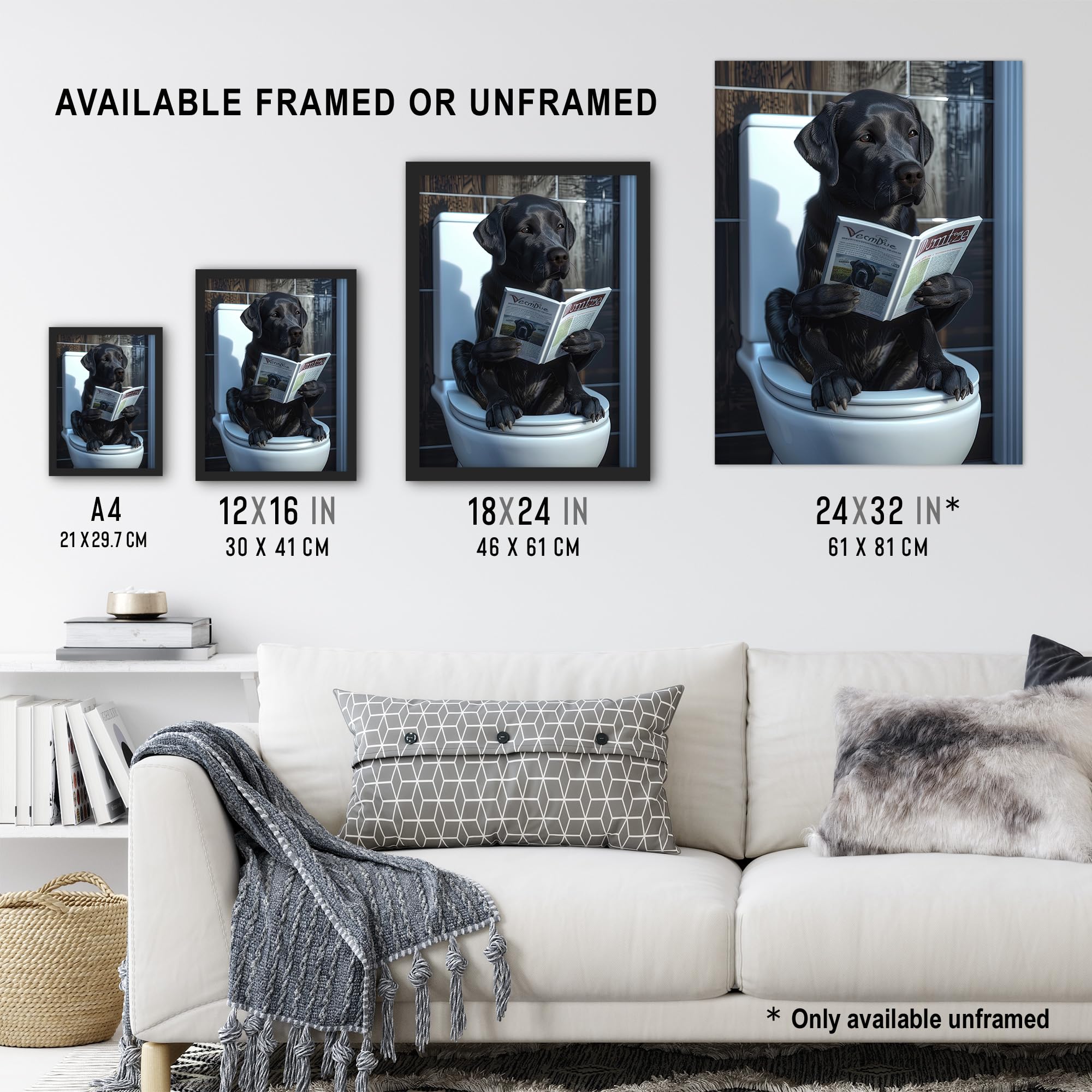 Artery8 Dog Lover Funny Black Labrador Reading on Toilet For Bathroom Artwork Framed Wall Art Print A4, Framed A4, 32.3L x 23.4W cm - Image 3