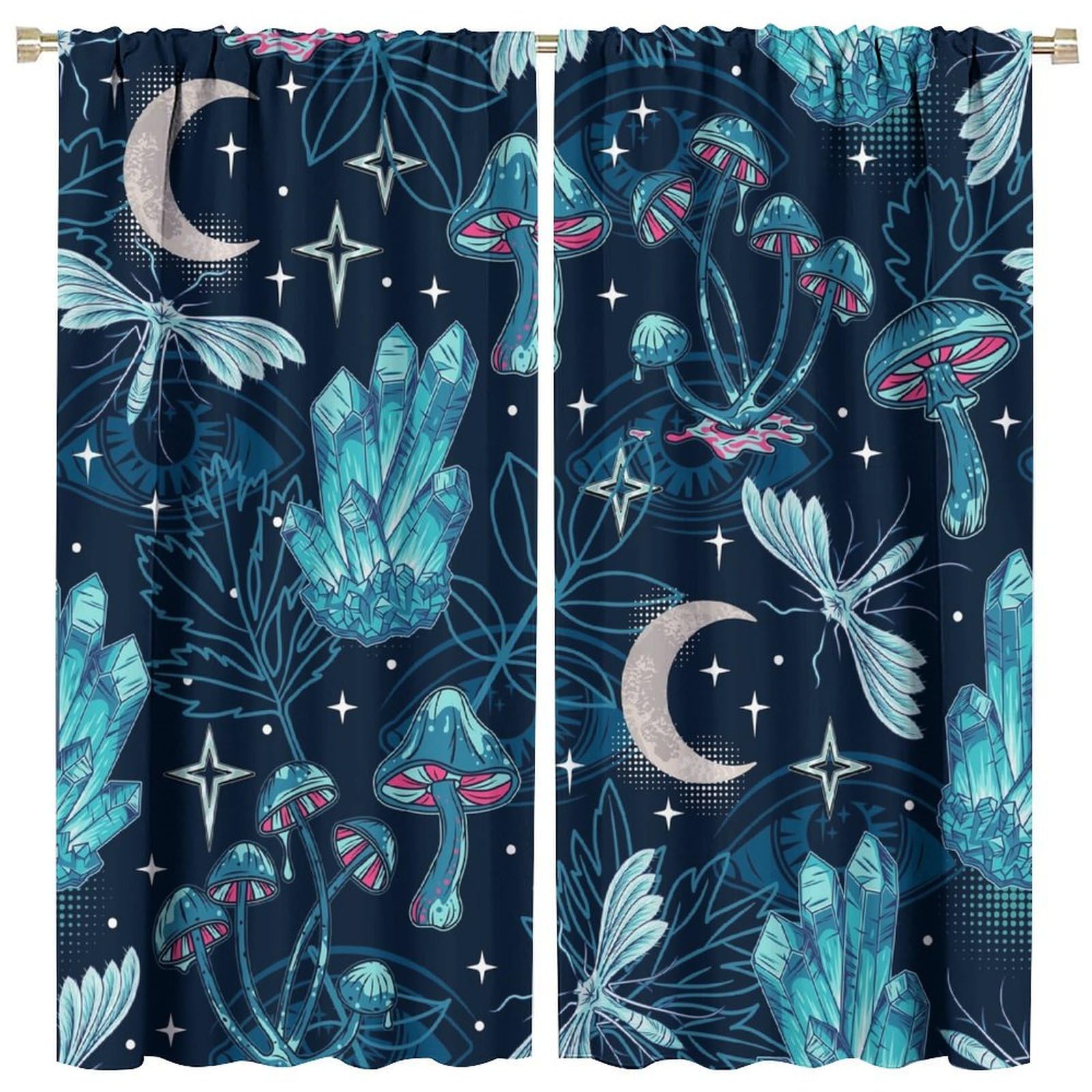 SGLyuliang Fantasy Mushroom Bedroom Curtains, Blue Ice Crystal Fantasy Mushroom Moon Eyes Leaves Art Style Bedroom Curtains, Suitable for Bedroom,