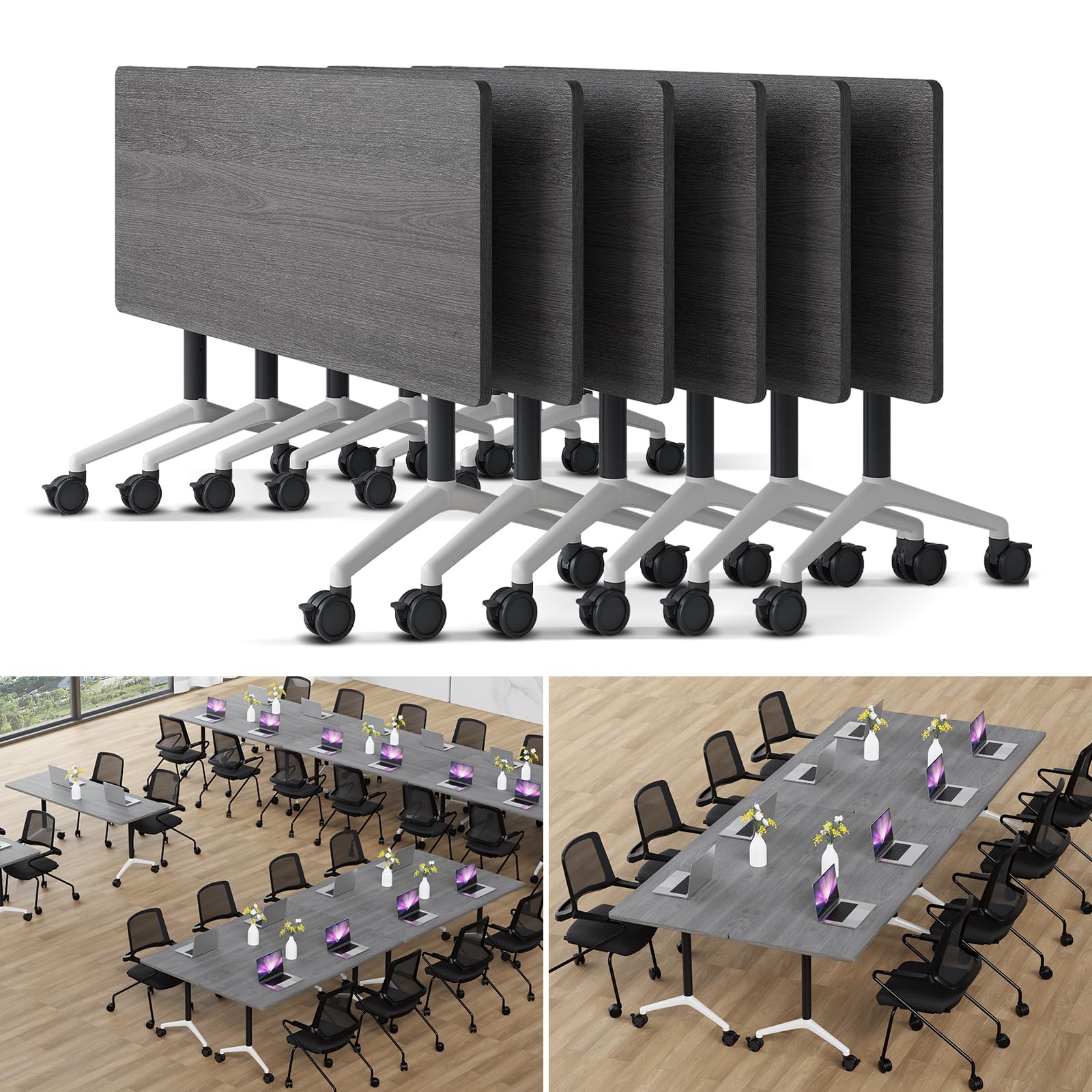 Folding Conference Table Modern Large Mobile Meeting Table Rolling Conference Room Tables with Wheels Seminar Tables for Office Training Classroom (6,