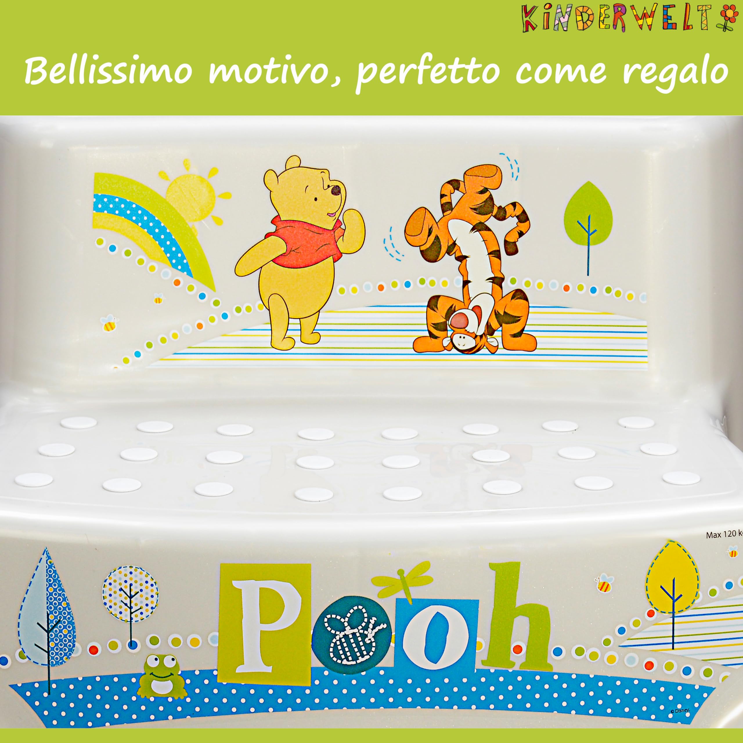KINDERWELT bianco perla Premium sgabello a due gradini Disney Winnie the Pooh sgabello stabile per bambini con funzione antiscivolo bianco perla con grana unica piacevole effetto glitter individuale