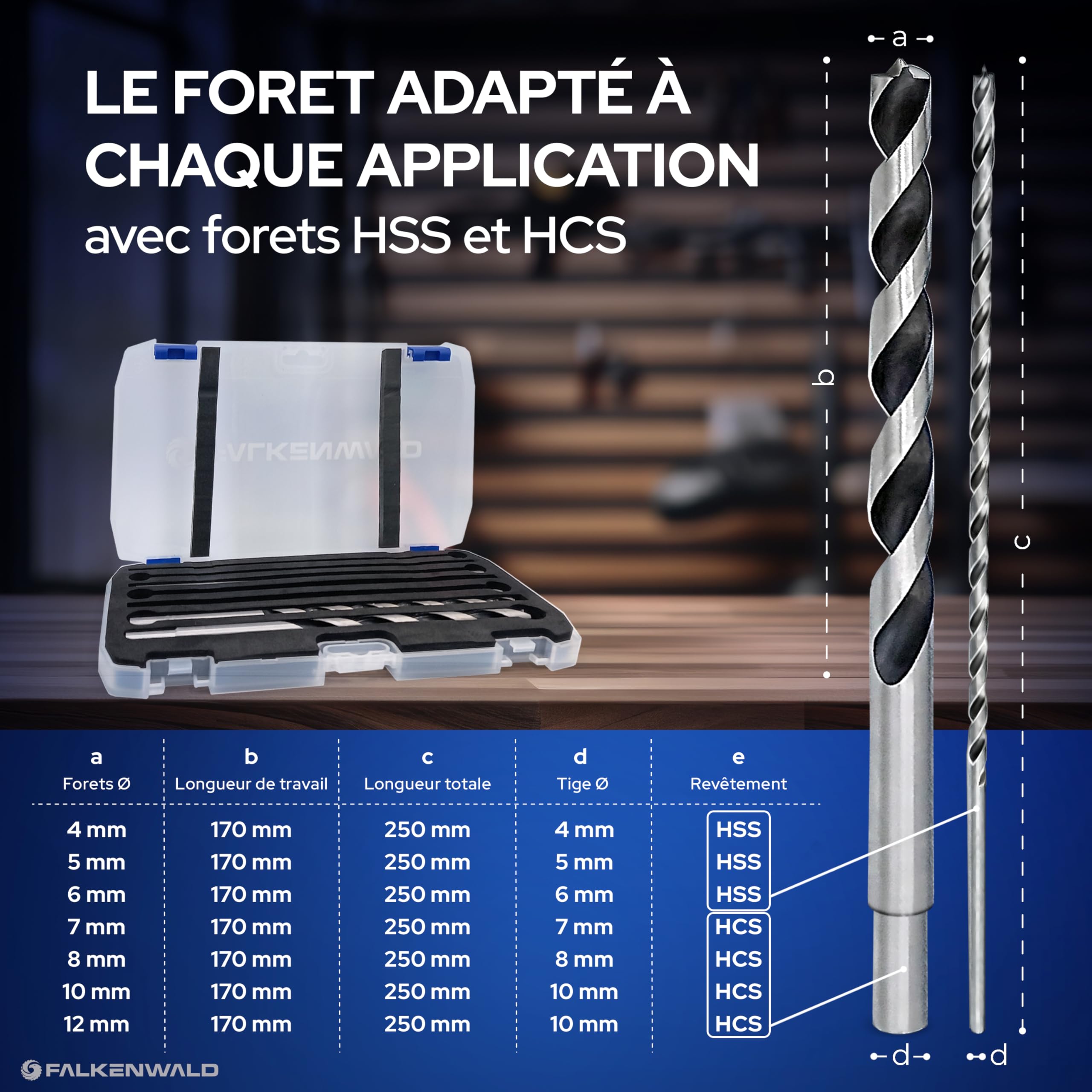 Falkenwald Lot de 7 forets à bois professionnels longs 7 pièces avec valise - Mèches hélicoïdales pour le bois - Forets hélicoïdaux Ø 4 mm, 5 mm, 6 mm, 7 mm, 8 mm, 10 mm, 12 mm x 250 mm