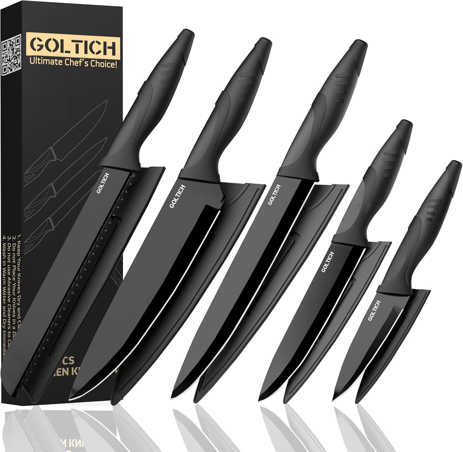 GOLTICH 5 PCs Black Kitchen Knife Sets with Sheath - Premium Stainless ...
