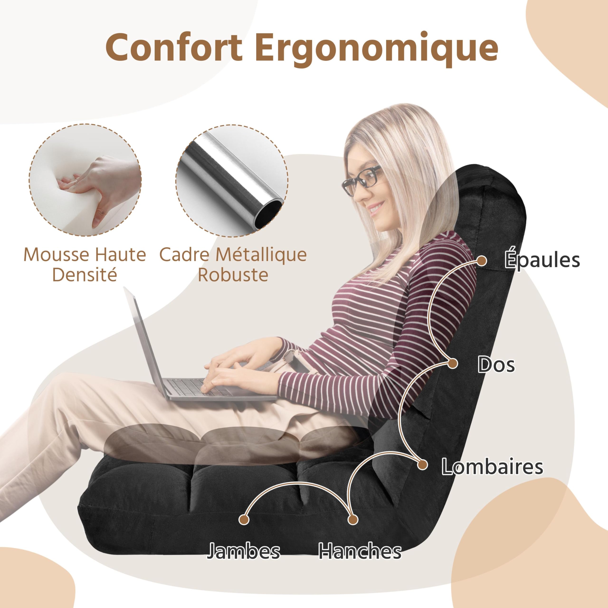 Yaheetech Fauteuil de Sol Pliable Paresseux Tatami Chaise de Sol Dossier Multiposition Fauteuil Bas Convertible pour Salon Maison Bureau Noir