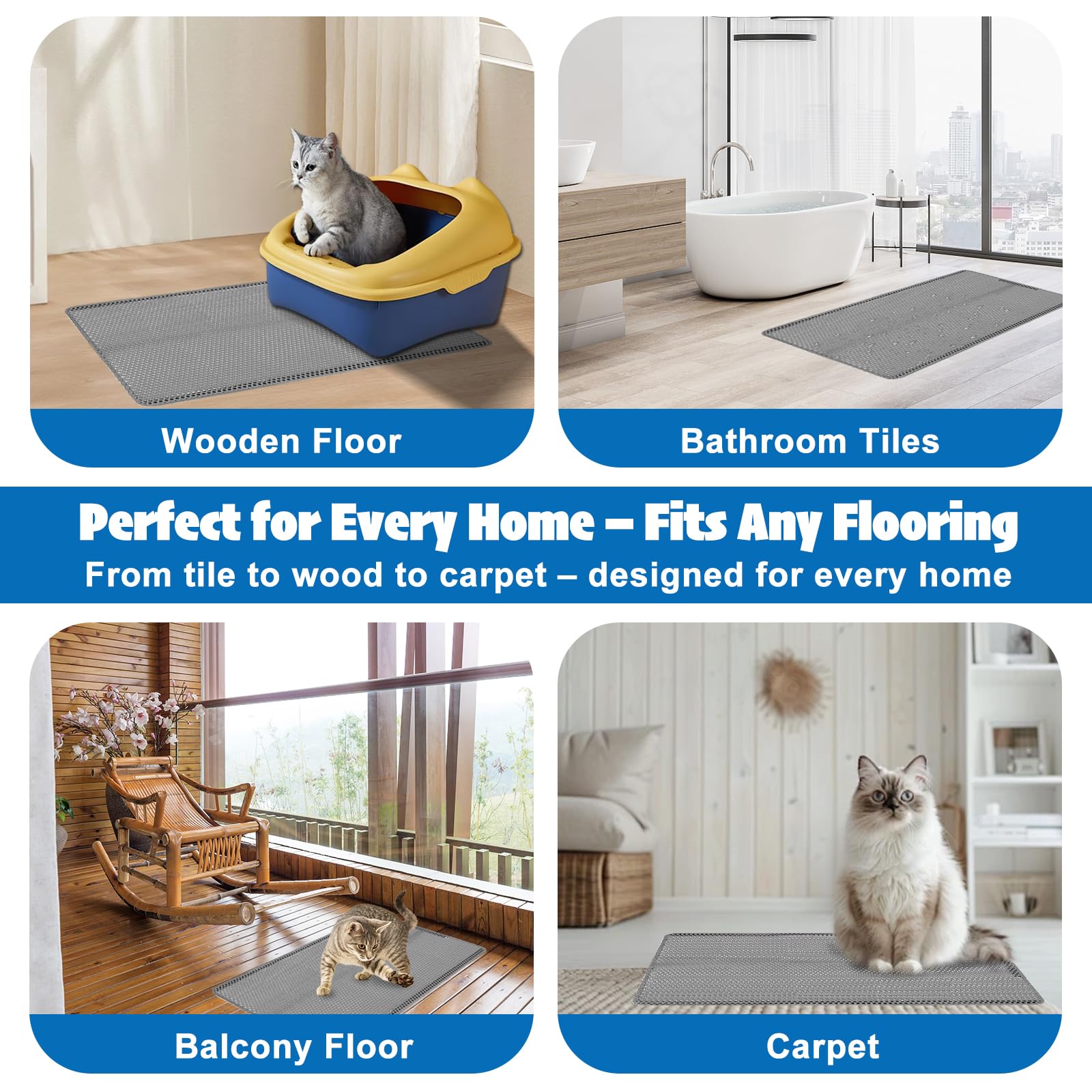 Tappetino per lettiera e lettiera per gatti, a doppio strato, 90 x 60 cm, impermeabile, con chiusura in velcro, struttura a nido d'ape a 2 strati, in EVA antiscivolo, per lettiera e cibo