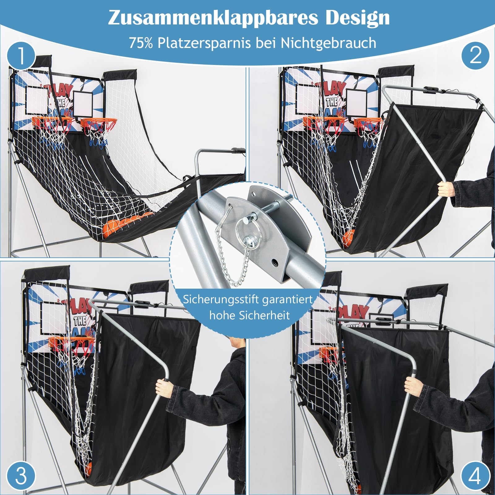 GYMAX Automat Basketballkorb, faltbar Elektronische Basketballspiel mit 8 Spieleinstellungen & elektronischer Anzeigetafel, Schießmaschine inkl. 4 Bällen & 2 Fangkörben (Schwarz)