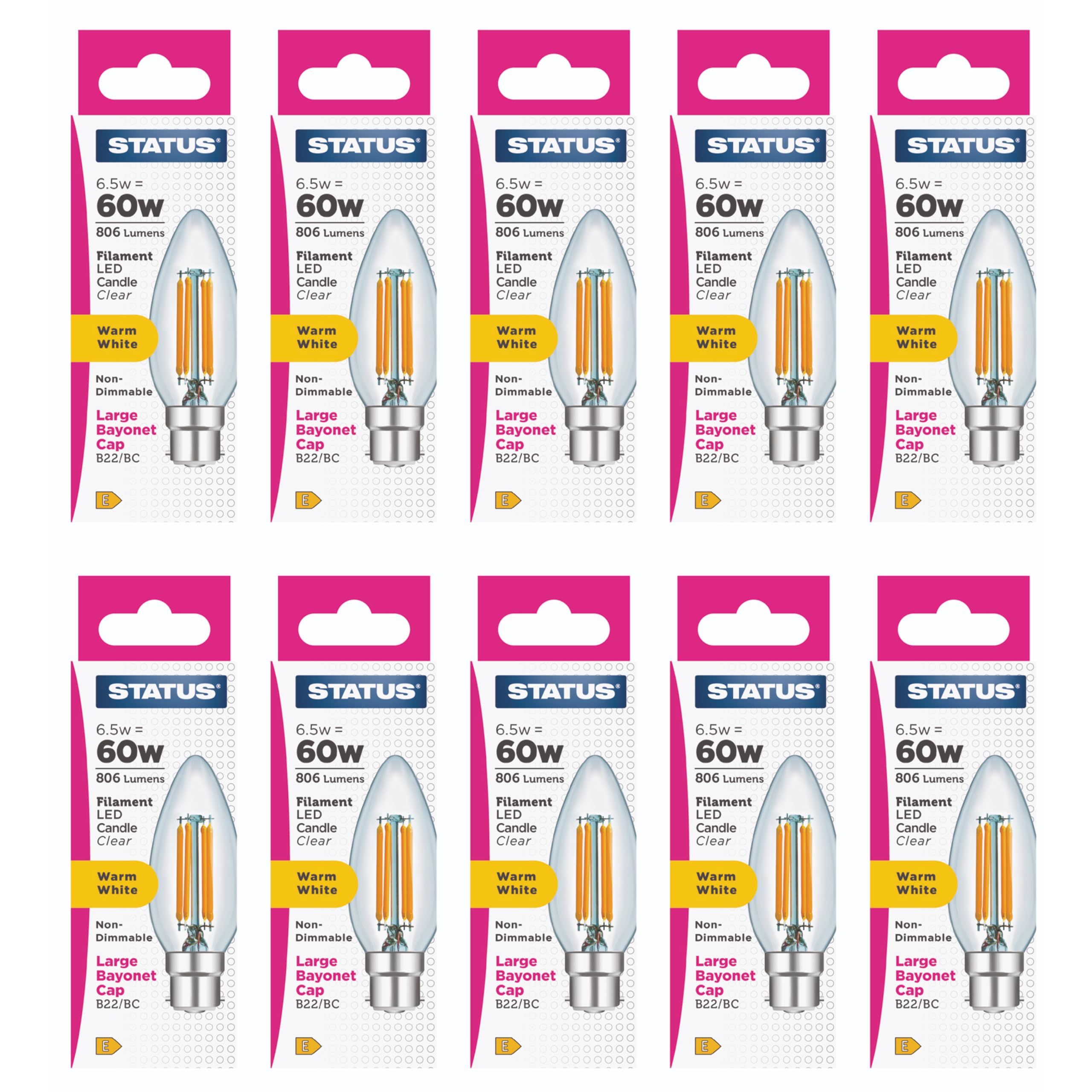 Status 6.5w = 60w = 806 lumens Filament LED - Candle - BC - Clear - Warm White - 1 pk Box - in White CDU