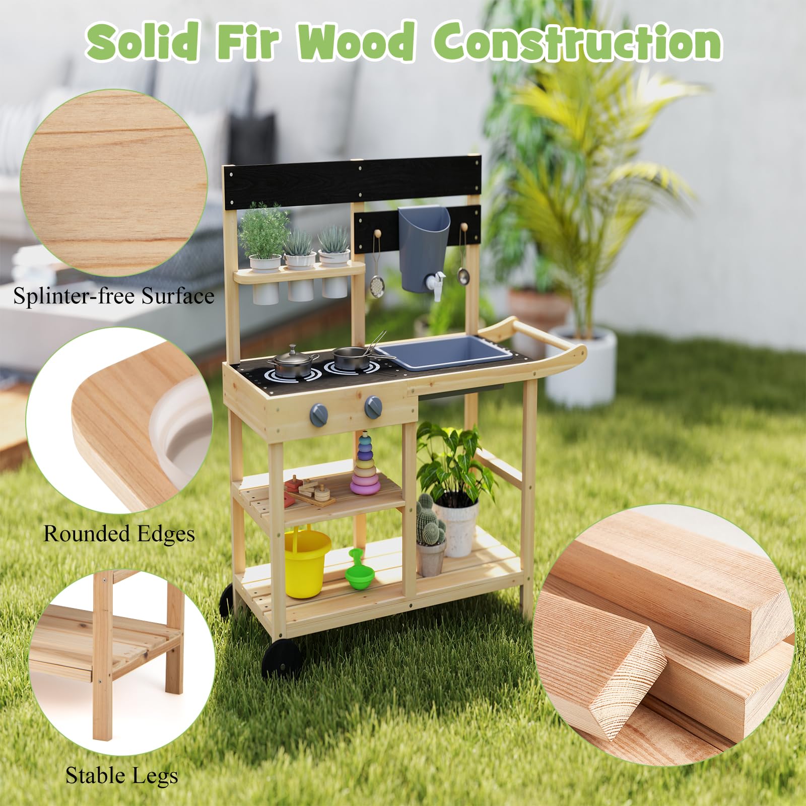 HOMASIS Matschküche Kinder Outdoor, Kinderküche mit Wassertank Spülen Herd Kreidertafel & Pflanztöpfen, Holz Gartenküche mit 10 Zubehör & Rollen, Spielküche mit Haken & Regalen, für Kinder ab 3 Jahren