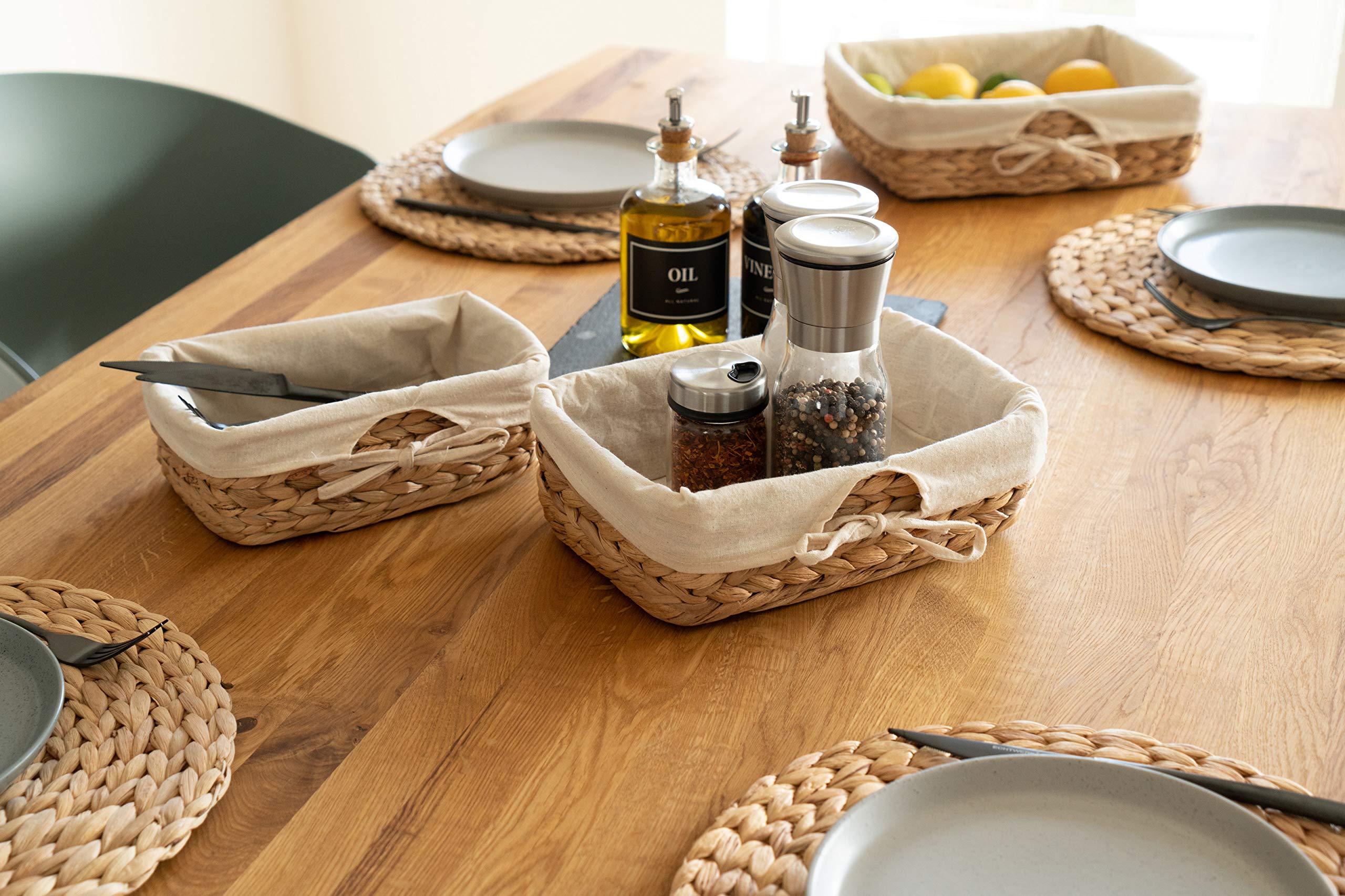 Decorasian - Set di 3 cestini per la tavola intrecciati in giacinto d’acqua con panno di lino, ideali per il pane
