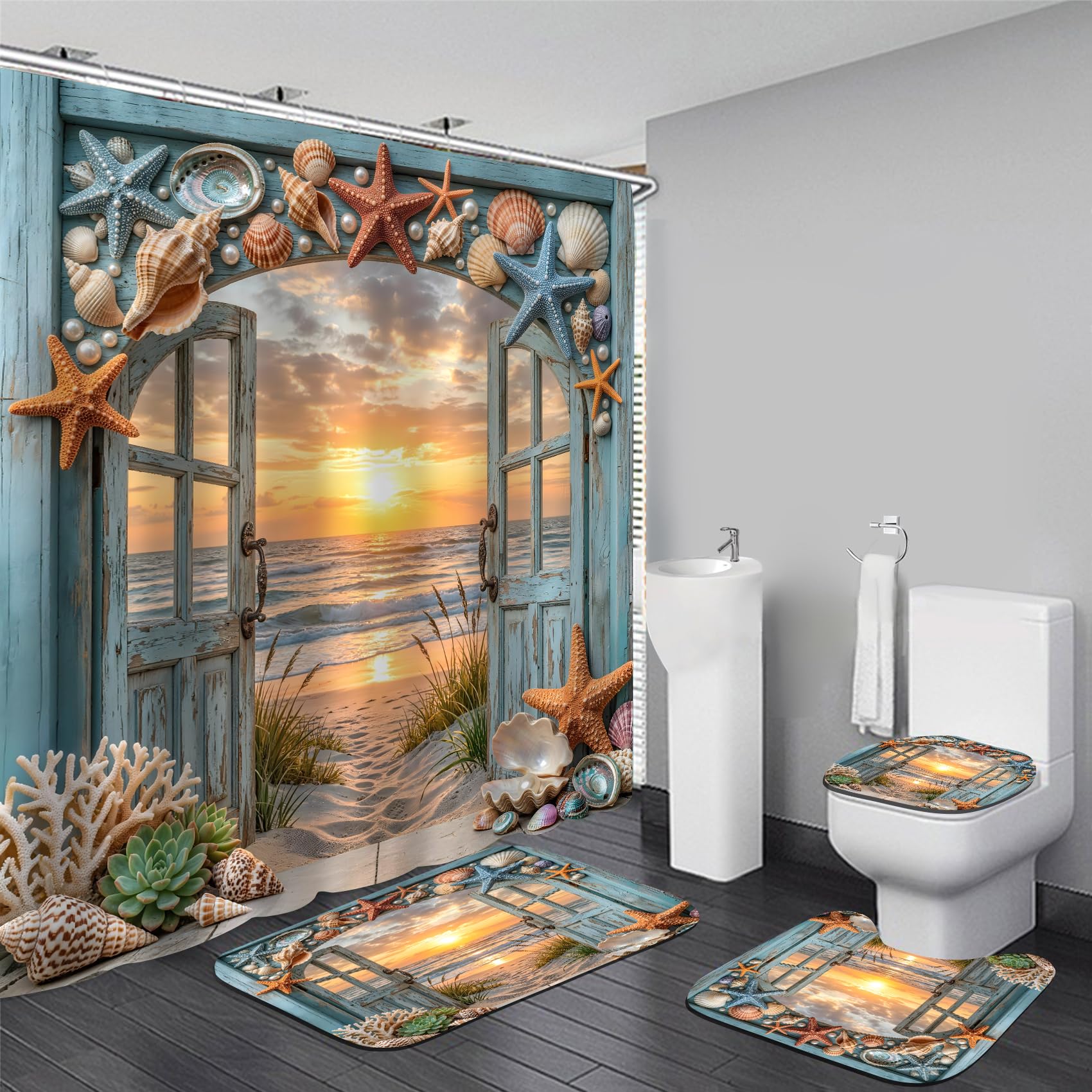 Chrainy 4pcs Beach Sunset Shower Curtain Set with Rugs Blue Bath Decor