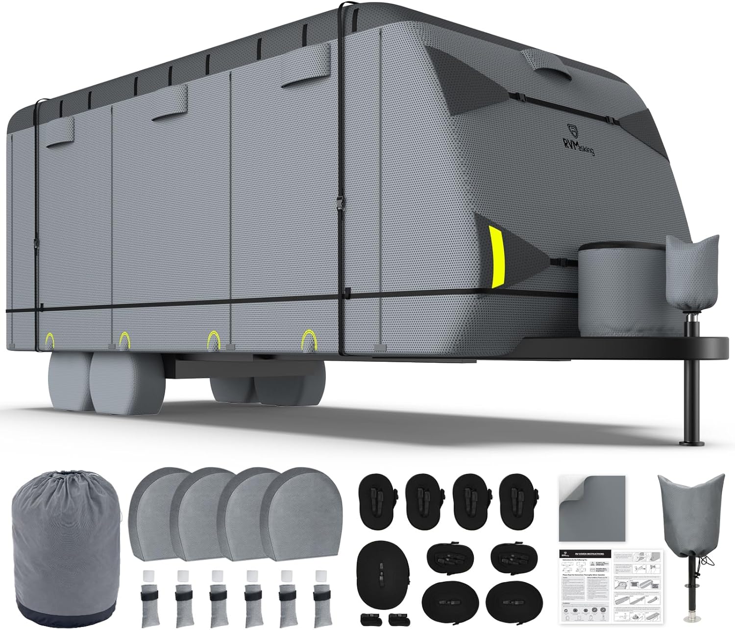 RVMasking Travel Trailer RV Cover 31-34ft, 7 Layers Extra-Thick Camper Cover Waterproof Windproof for Toy Hauler with 4 Tire Covers & Tongue Jack Cover & Propane Tank Cover, Dark Gray