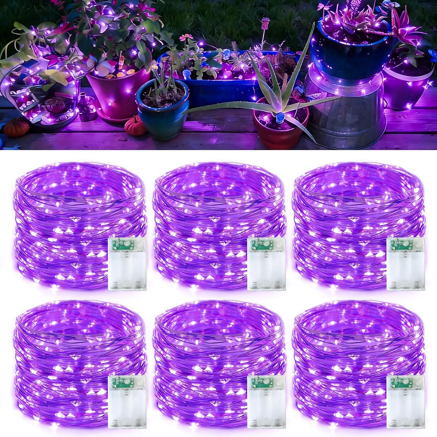 QITONG Purple Fairy Lights Battery Operated, 6 Pack Each 16ft 50 LED Outdoor String Lights, Silver Wire Mini Twinkle Light Indoor