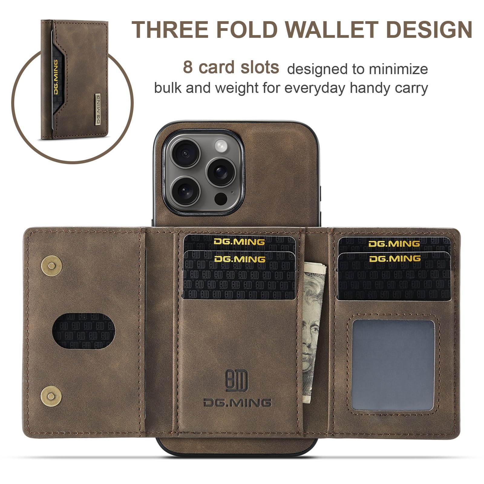 Cseoteo Wallet Case For IPhone 16 Pro Max, DG.MING Premium Leather Shockproof Protective Phone Case Back Cover Magnetic Detachable With Trifold Wallet Card Holder Slots Kickstand (Coffee - View #3