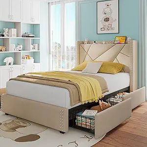 Feonase Upholstered Storage Bed Frame Twin Size with 4 Drawers, Platform Bed with Charging Station & Wingback Headboard, Solid Wood Slats Support, Beige