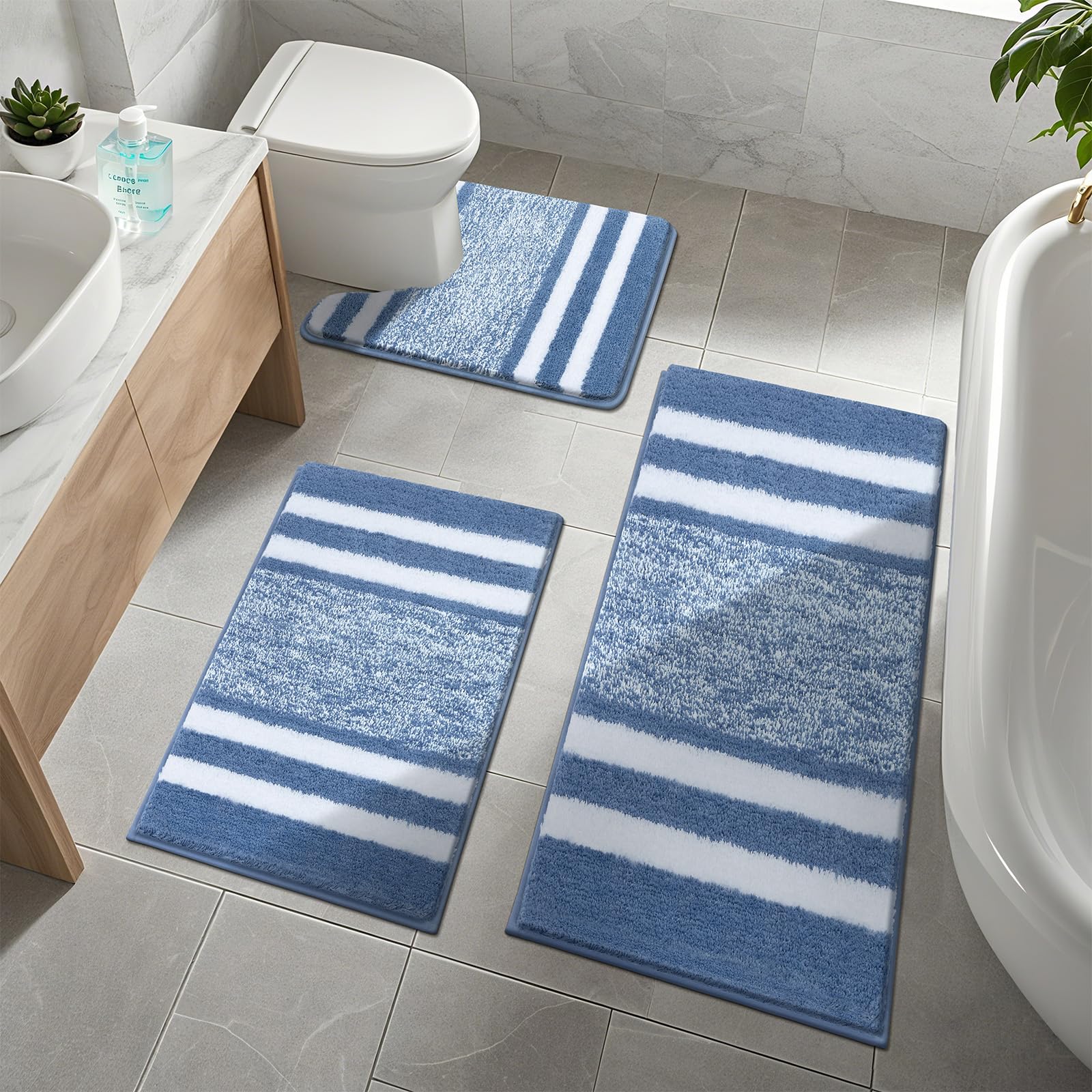 Pauwer Rutschfestes 3-teiliges Badematten- und WC-Vorleger-Set, super wasserabsorbierend, Badteppich Sets, maschinenwaschbar, Mikrofaser, zottelig, Duschbodenmatten für Badezimmer