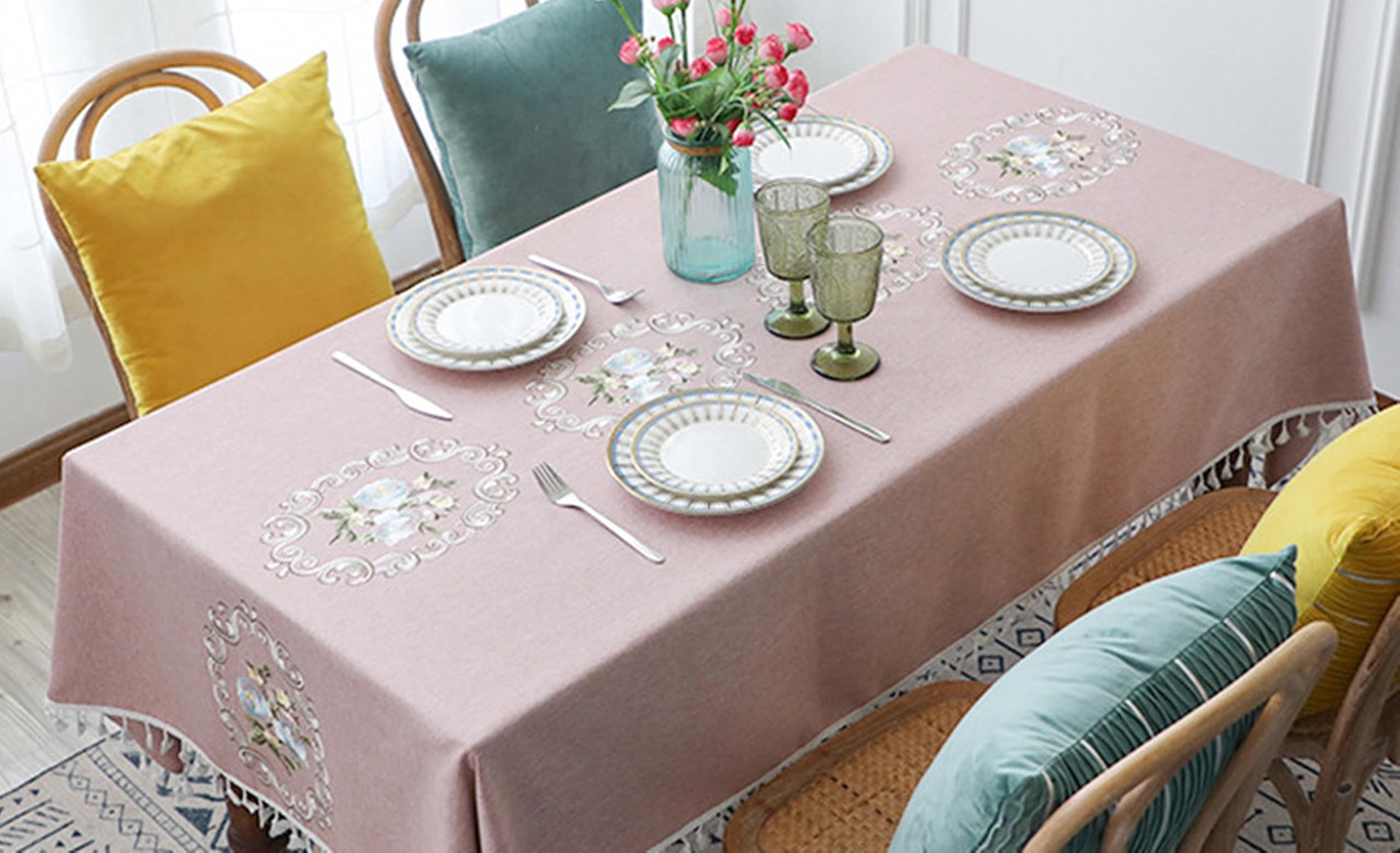 KnSam Mantel de 140 x 260 cm, diseño retro de flores con borla, mantel de poliéster, mantel de jardín, decoración de mesa para salón, comedor, balcón, jardín, rosa