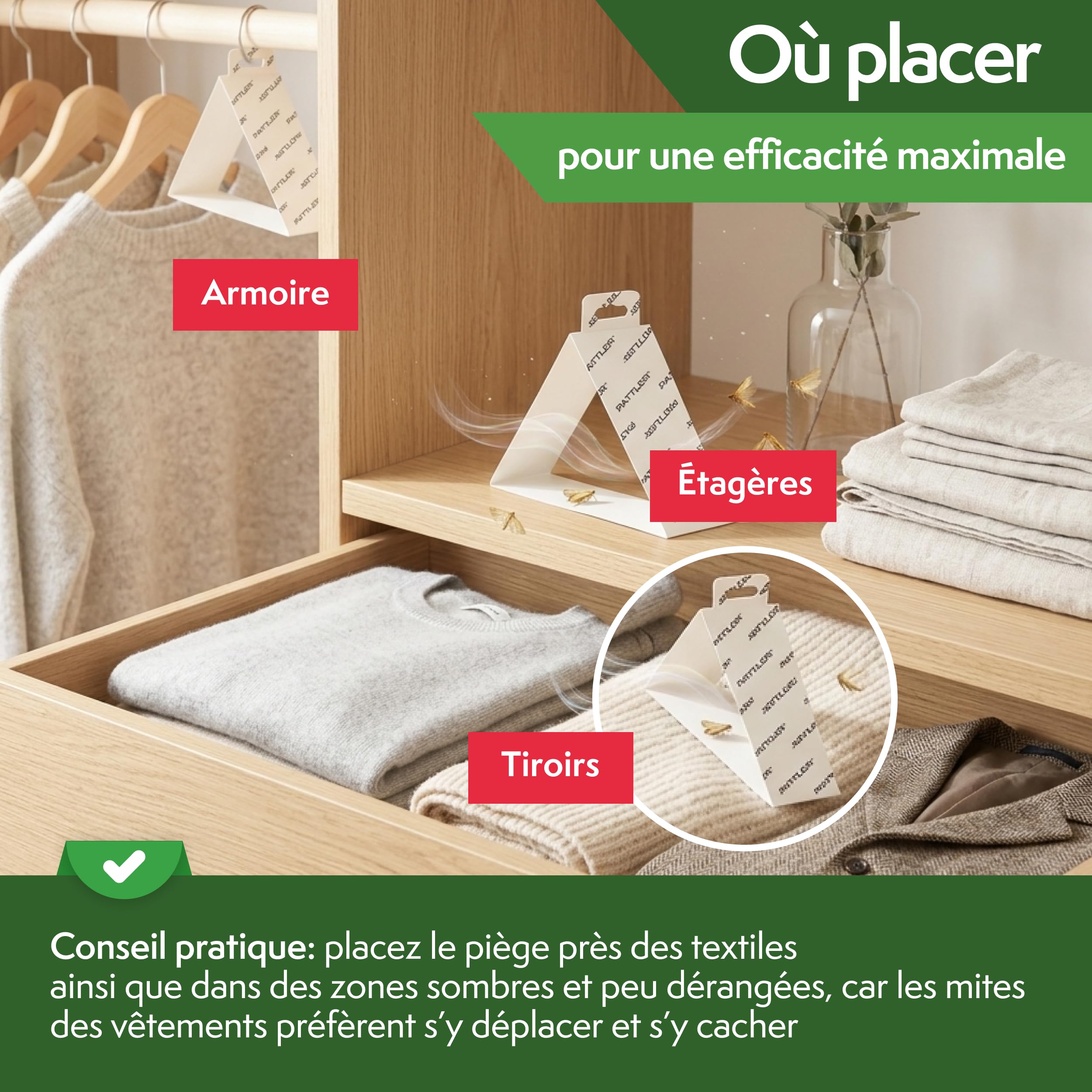 PATTLER Anti Mites Textiles avec Phéromones - 8 Pièces. Protection Anti Mites Vetements pour Armoire Vetement et Penderie, Pièges Adhésifs pour la Détection et Le Contrôle des Mites Textiles.