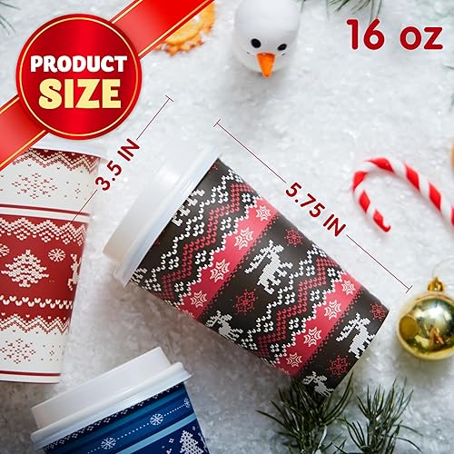 Miniatura 4 de JOYIN 24 vasos de papel de Navidad de 16 onzas, tazas de café desechables con fundas y tapas, 4 diseños de vasos de Navidad para bebidas frías y
