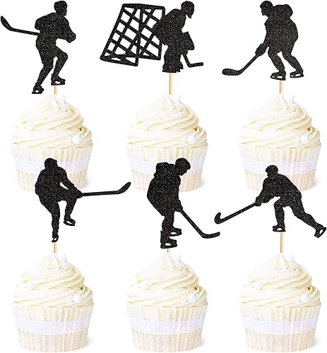 Ercadio Paquete de 24 adornos de hockey para cupcakes temáticos deportivos, decoraciones para jugadores de hockey, baby shower, suministros de