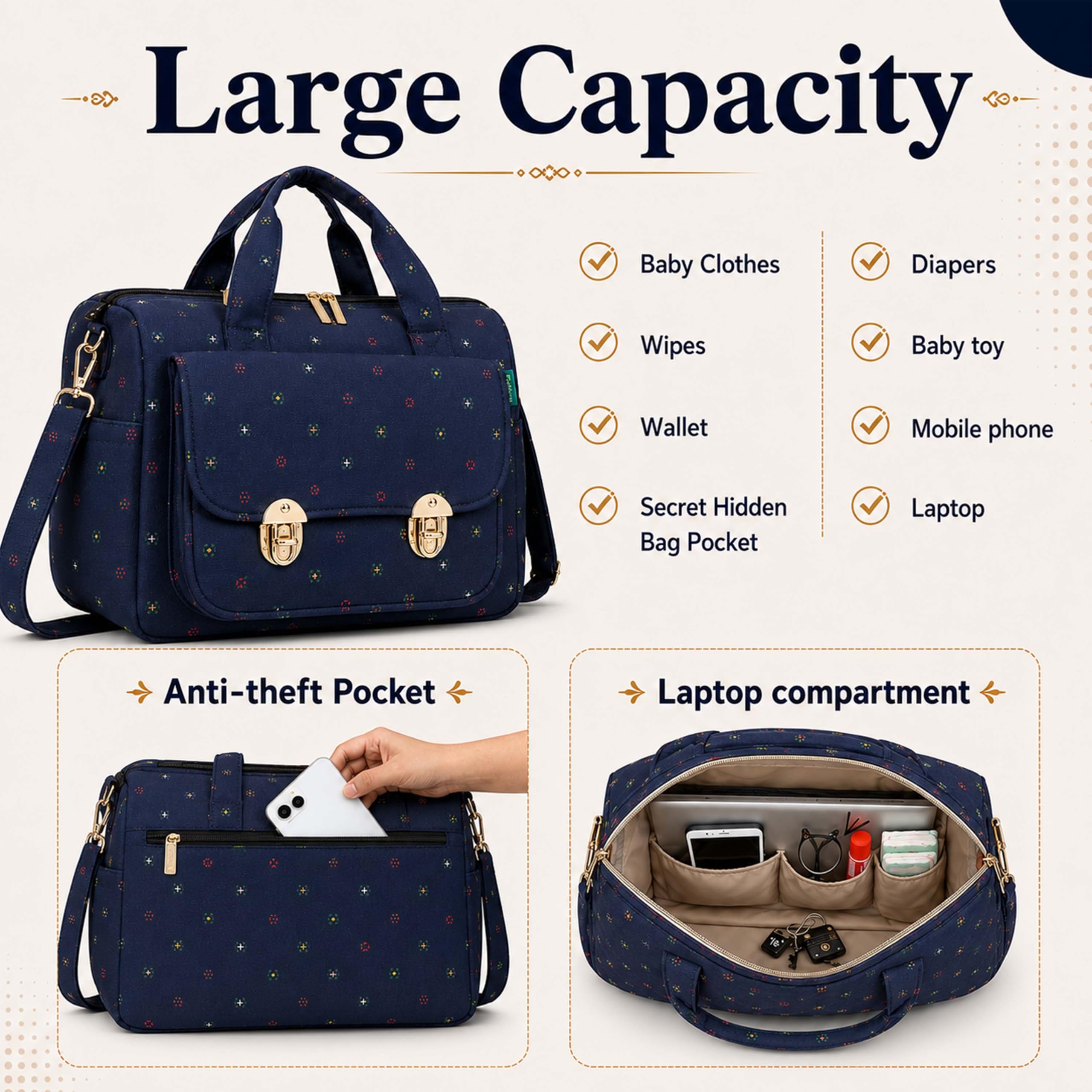 Motherly WOW Tote Diaper Bag for Mothers for Travel, Maternity Bag for Newborn Baby, Multiple Pocket Water Resistant Baby Bag (Blue Flower) 4