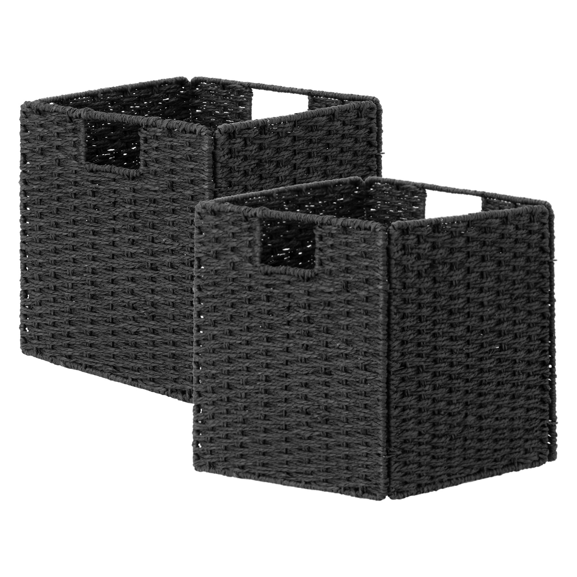 StorageWorks 11 inch Wicker Baskets, Handwoven Storage Cubes with Handles, Foldable Paper Rope Basket for Organizing, Black, 2 Pack