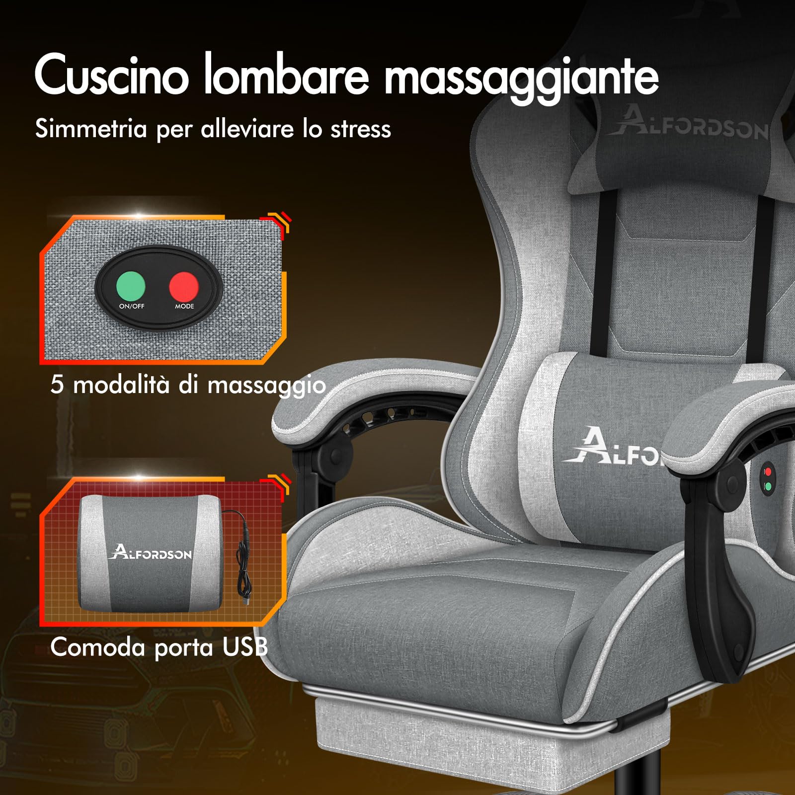 ALFORDSON Sedia Gaming Massaggiante con Poggiapiedi da Case Grigia splicing | Poltrona Gamer in Tessuto Serie THOR, Schienale regolabile, con supporto lombare e poggiatesta, portata 180 kg