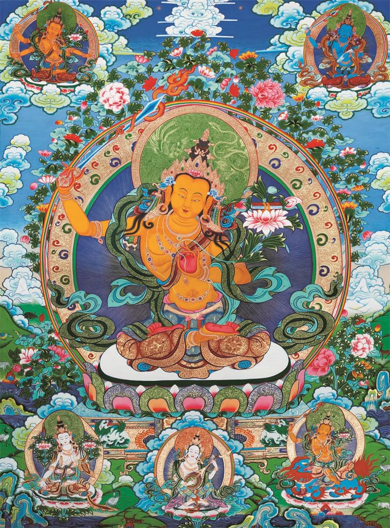 Gandhanra Tibetische Thangka-Kunst–Manjusri Thangka–Hochauflösender Digital-Giclée-Druck und doppelt handgerahmt - Buddhistische Wandbehang-Tapisserie - 47" x 32"