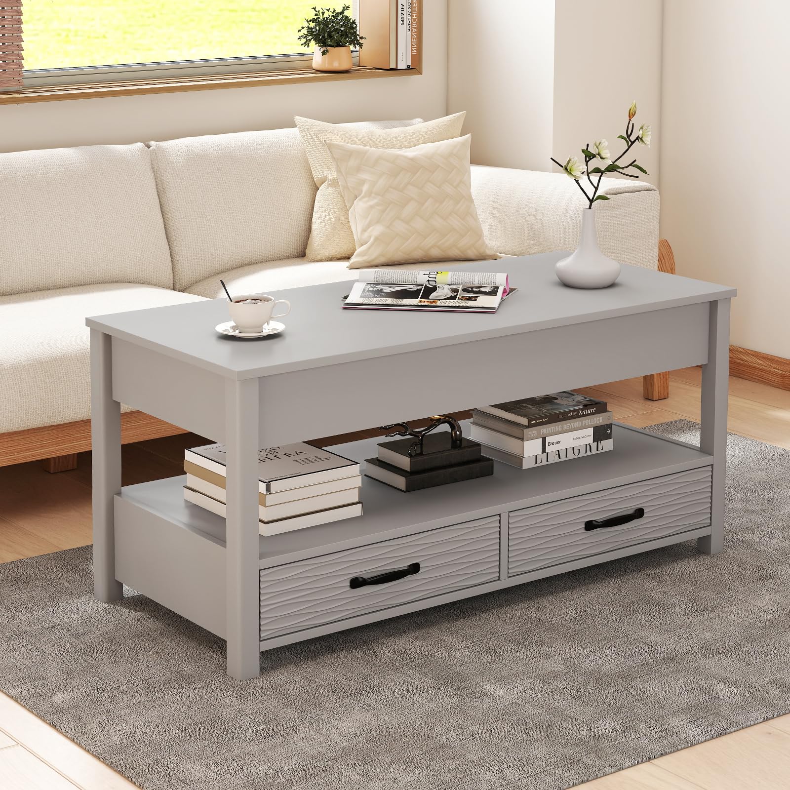 COSTWAY Couchtisch Höhenverstellbar, Sofatisch mit offene Ablage & 2 Schubladen, Wohnzimmertisch mit anhebbarer Tischplatte 50-63,5cm, Kafeetisch Holz für Wohnzimmer, Büro, Grau