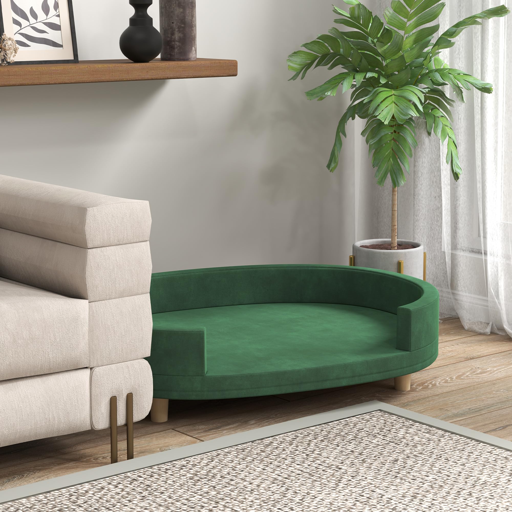 PawHut Canapé pour Chien, Sofa pour Chat, Fauteuil pour Chat, Surface en Velours Doux, avec Coussin Amovible, Pieds en Bois Massif, 100l x 70P x 25H cm, Vert