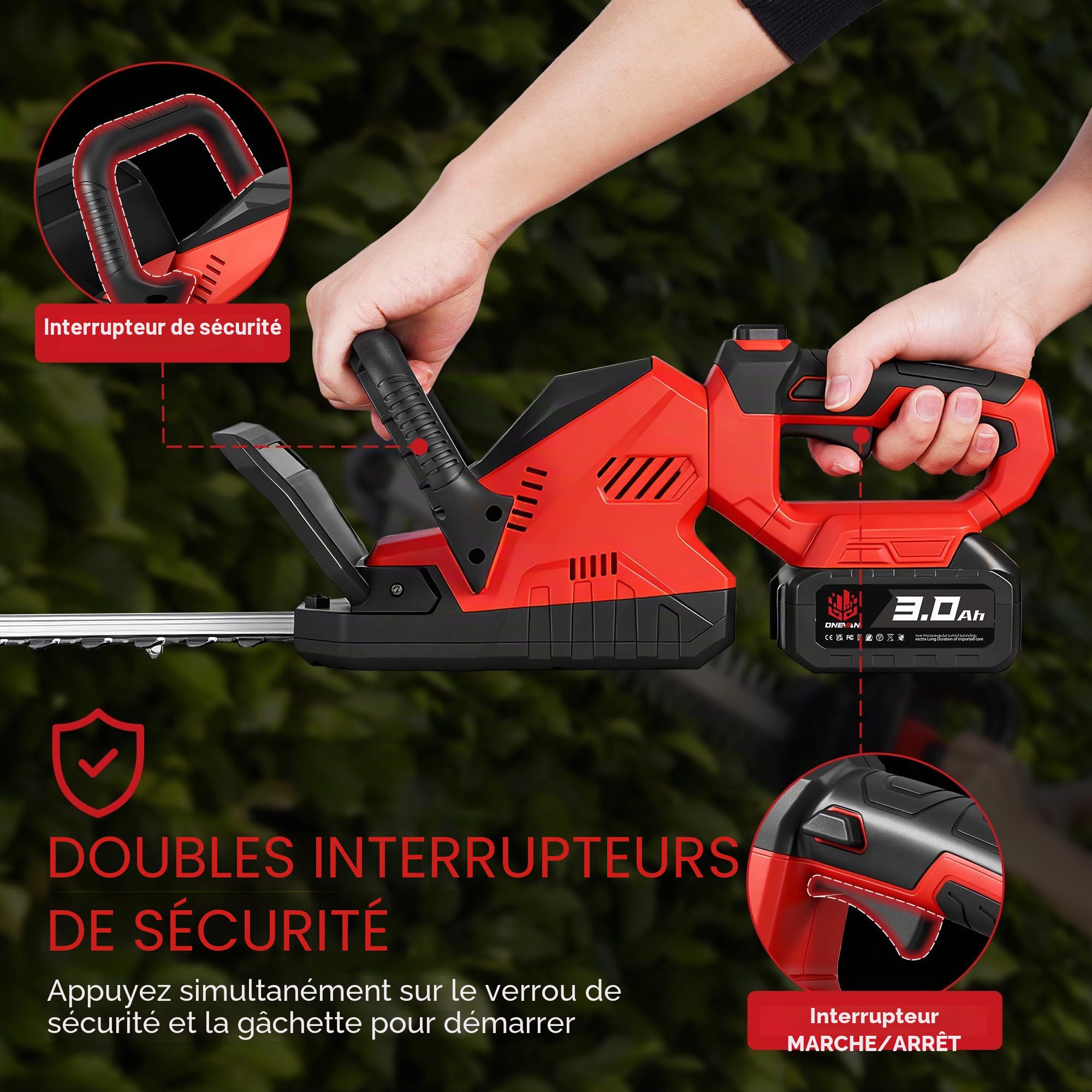 ONEVAN Taille-haie électrique sans fil 180° 52cm Longueur avec 2 batteries
