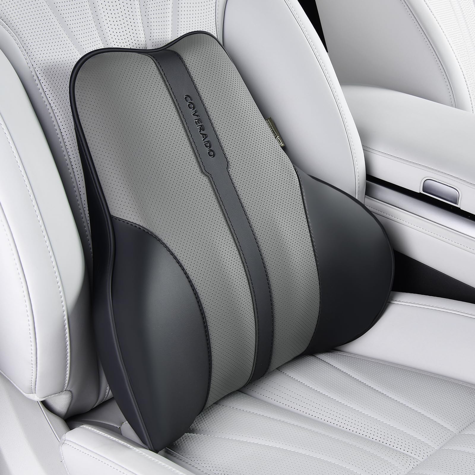 Coverado Lumbar Support Pillow for Car, Ergonomic Memory Foam Back Pillow for Office Chair, Back Cushion for Back Pain Relief, PU Leather Car Lumbar Support for Driving Seat - Black&amp;Gray