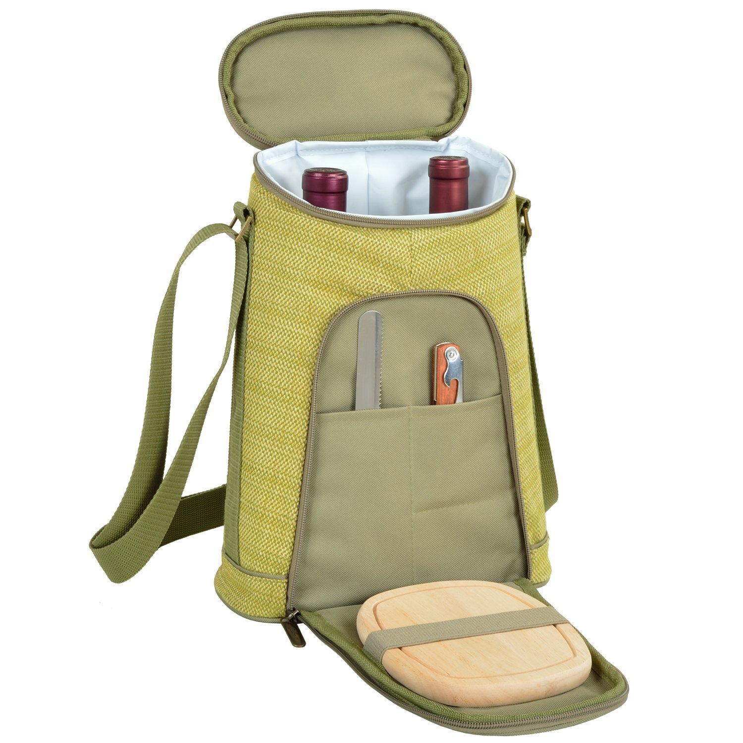 Picnic at Ascot Stylish 2 Bottle Insulated Wine Tote Bag with Cheese Board, Knife and Corkscrew - Olive Tweed