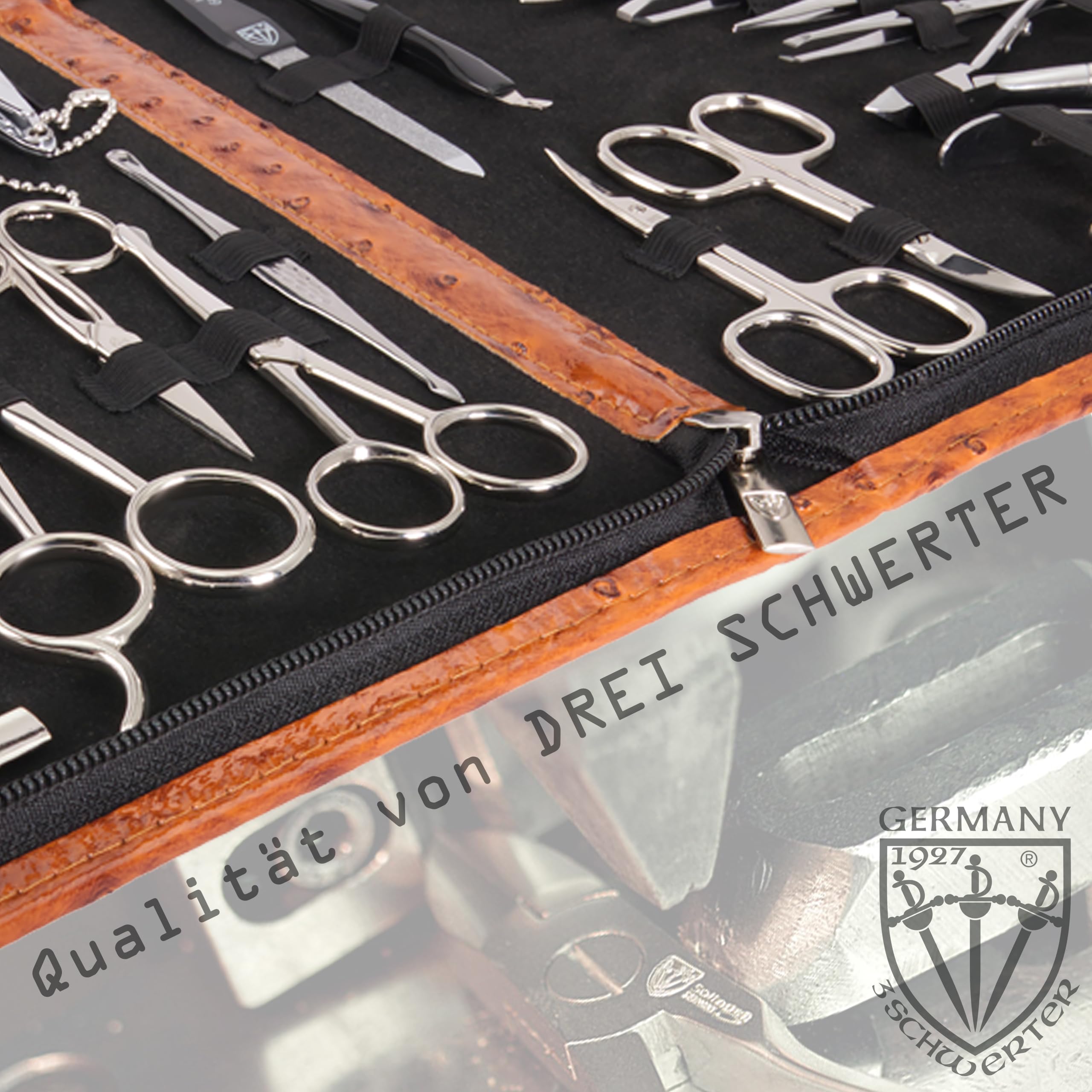 DREI SCHWERTER - Germany Varese - Estuche de uñas (23 piezas, todo en uno) | Juego de uñas de manicura en estuche de piel sintética con aspecto de avestruz | Contenido: tijeras para uñas, alicates,