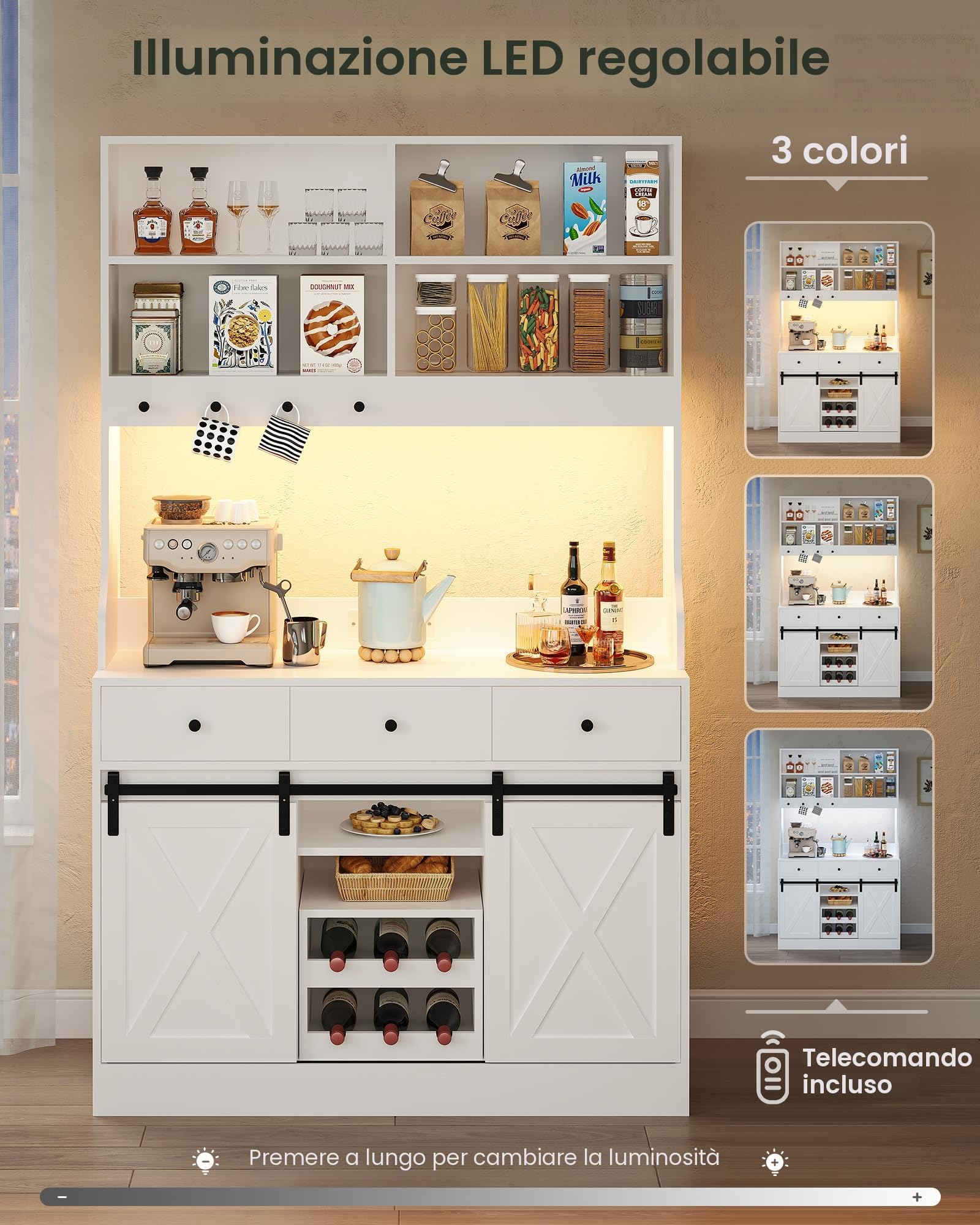 Credenza, Credenza Cucina con Illuminazione a LED, Presa Elettrica, Mobile Buffet, Scaffale Rimovibile, 3 Cassetti, Ripiani Regolabili, Grande Spazio, Cucina, Sala da Pranzo, 103.5*40*180 cm, Bianca