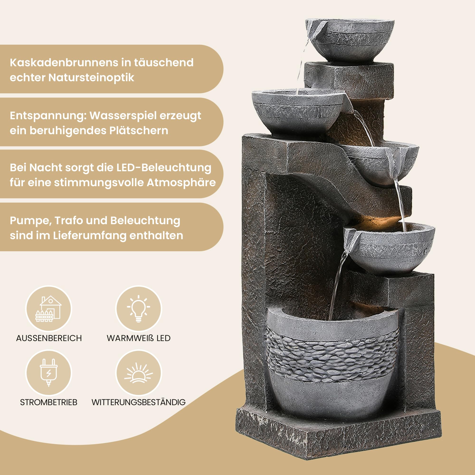 Fuente de Agua para Jardín y Exteriores, Fuente de Jardín con Iluminación LED, Cascada de 5 Niveles para Patio, Fuente Decorativa con Bombas, Decoración de Interior para Terraza, Gris