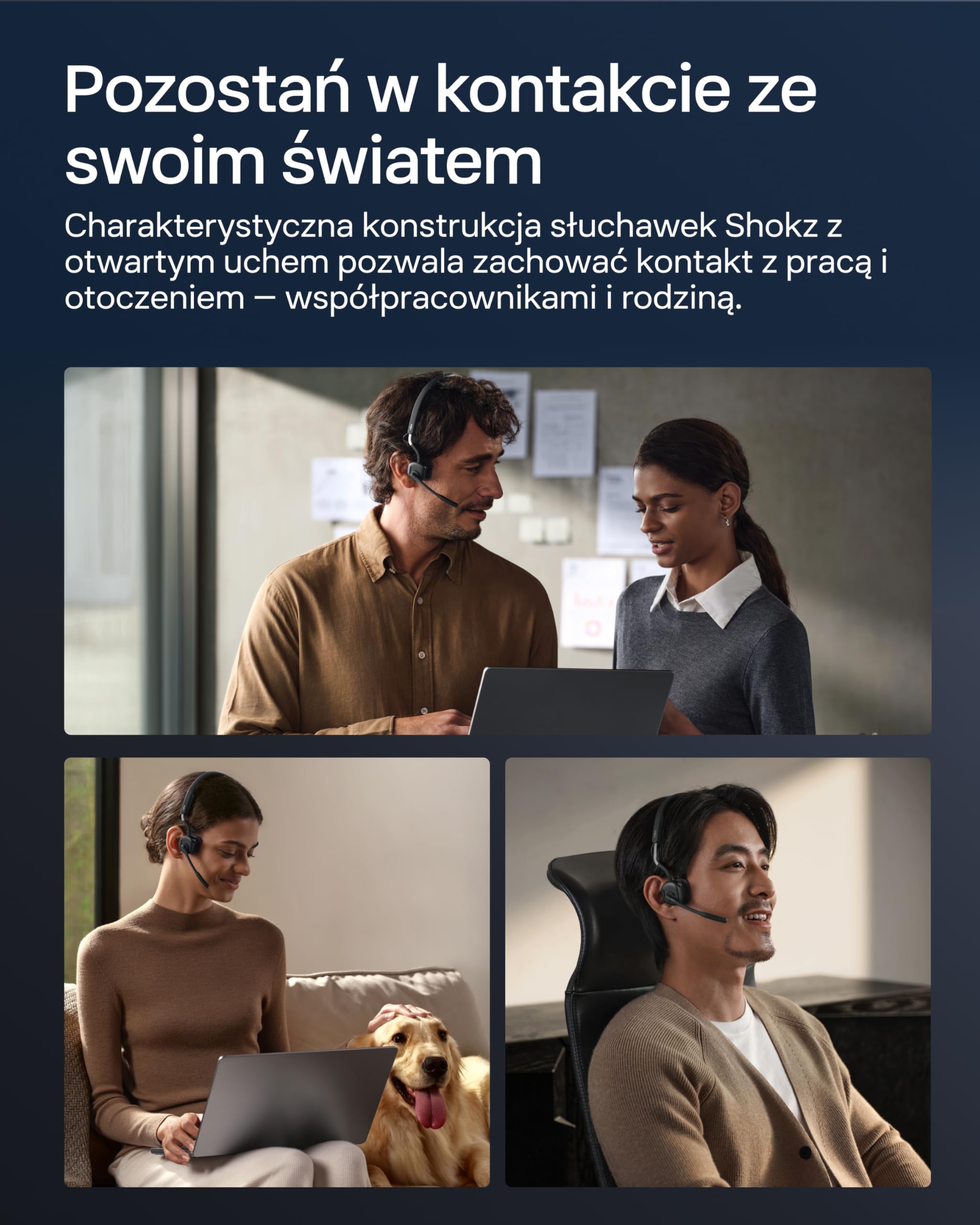 Shokz OpenMeet headset Open-Ear z 2 mikrofonami | Bluetooth 5.4, 15h baterii, 2 mikrofony z redukcją szumów, szybkie ładowanie, do pracy, połączeń i spotkań