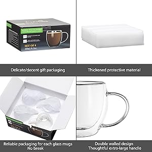 CNGLASS 8.5oz Glass Coffee Mug,Double Wall Insulated Glass Mugs with Handle,Clear Espresso Mugs for Latte,Cappuccino,Tea Bag,Set of 4