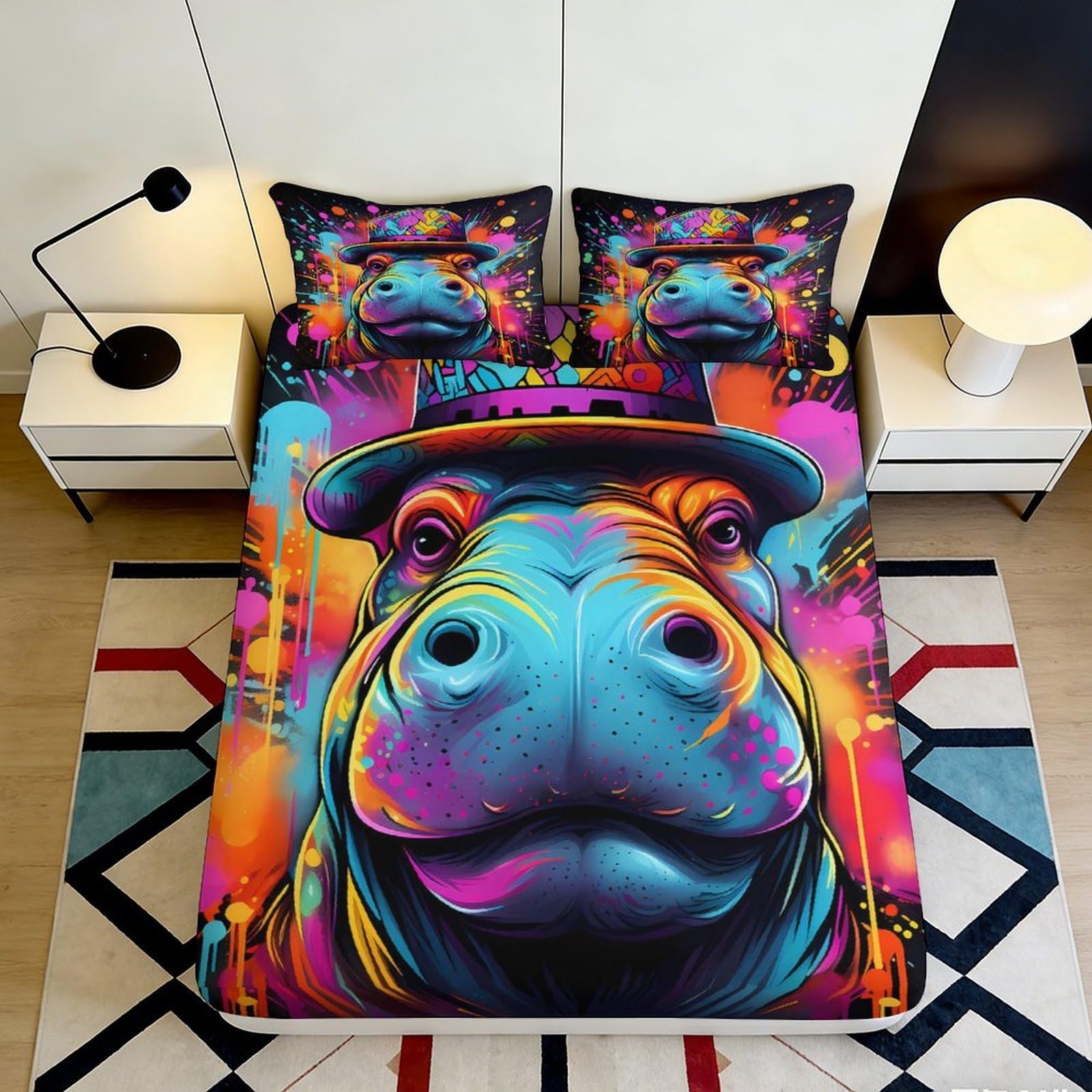 3D Printed Graffiti Hippo Fitted Sheet Microfiber Colourful Art Mattress Cover for Bedroom Dorm Protection Decor 180x200x25cm