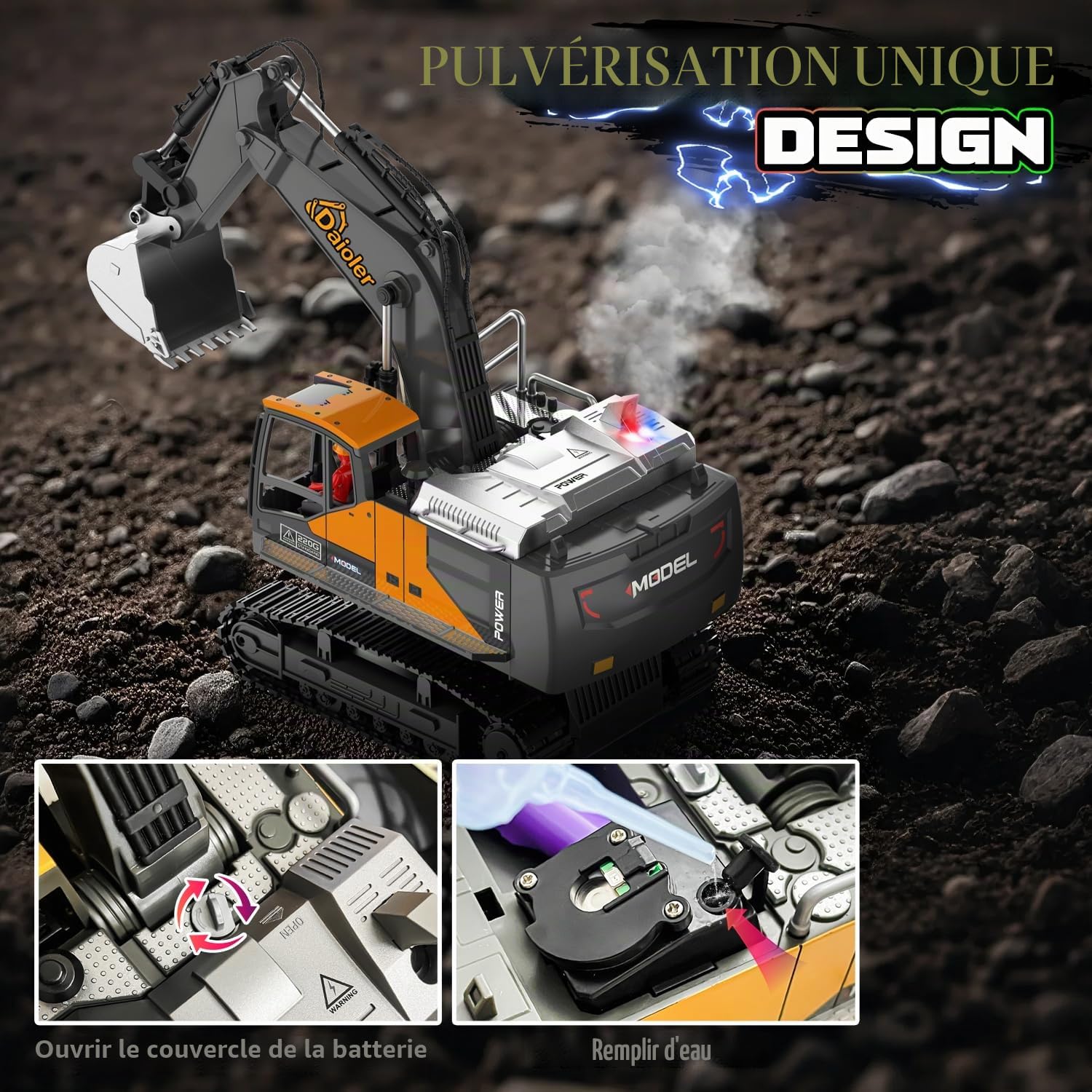 Pelleuse RC Jouet Véhicule de Construction pour Enfants 3-12, Voiture Télécommandée avec Pulvérisateur, Pelle en Métal / 3×Batterie / Rotation à 680°/Éclairage, Pelle Hydraulique pour