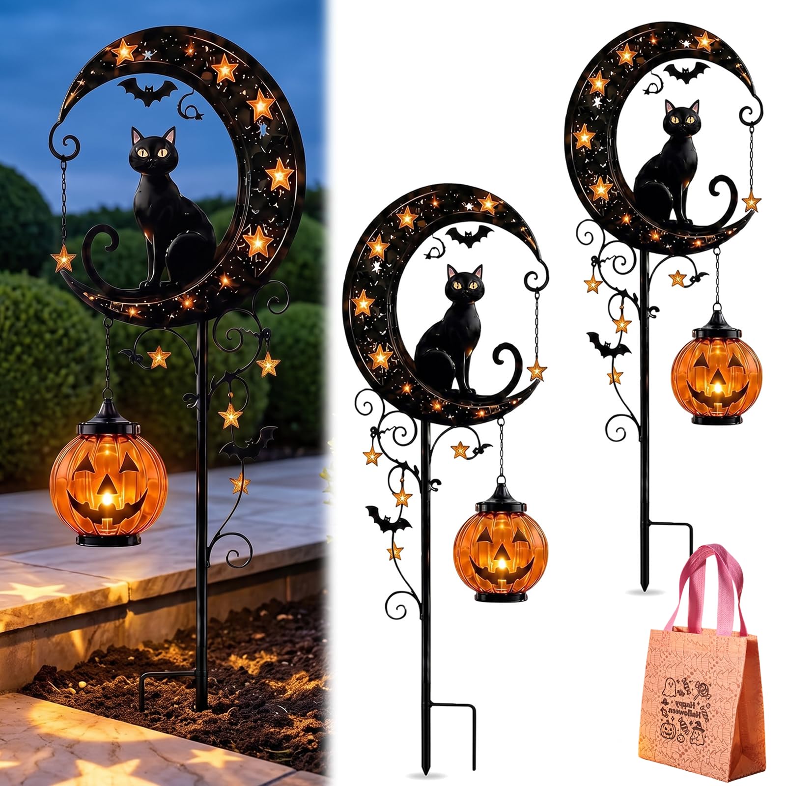 Halloween Deko Outdoor Solar Gartenstecker, Schwarze Katze Mond und Kürbis Deko, Wetterfeste Solarlampen für Außen, Halloween Deko Garten für Rasen, Gehwege und Terrassen，2Pcs-A