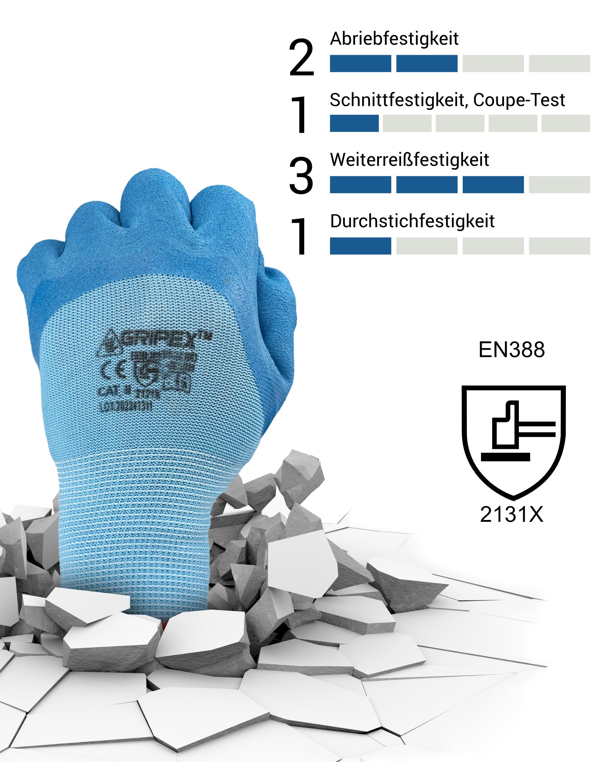 Trevendo Arbeitshandschuhe - Gripex - blaue Montagehandschuhe - Latex-Beschichtung - optimaler Grip für präzises Arbeiten - Gartenhandschuh - Damen & Herren, 36 Paar, Größe 10
