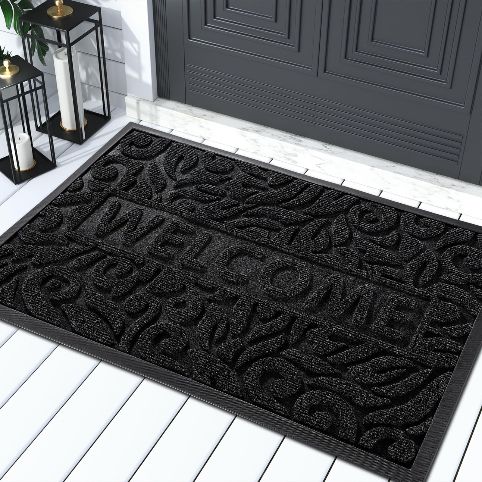 Yimobra Welcome Front Door Mat Outdoor, Heavy Duty Durable Non Slip Doormats, Rubber Backing, Low-Profile Entrance Rugs, Absorbent Resist Dirt, Easy Clean Patio Garage Floor Mats, 36 x 24 Inch, Black