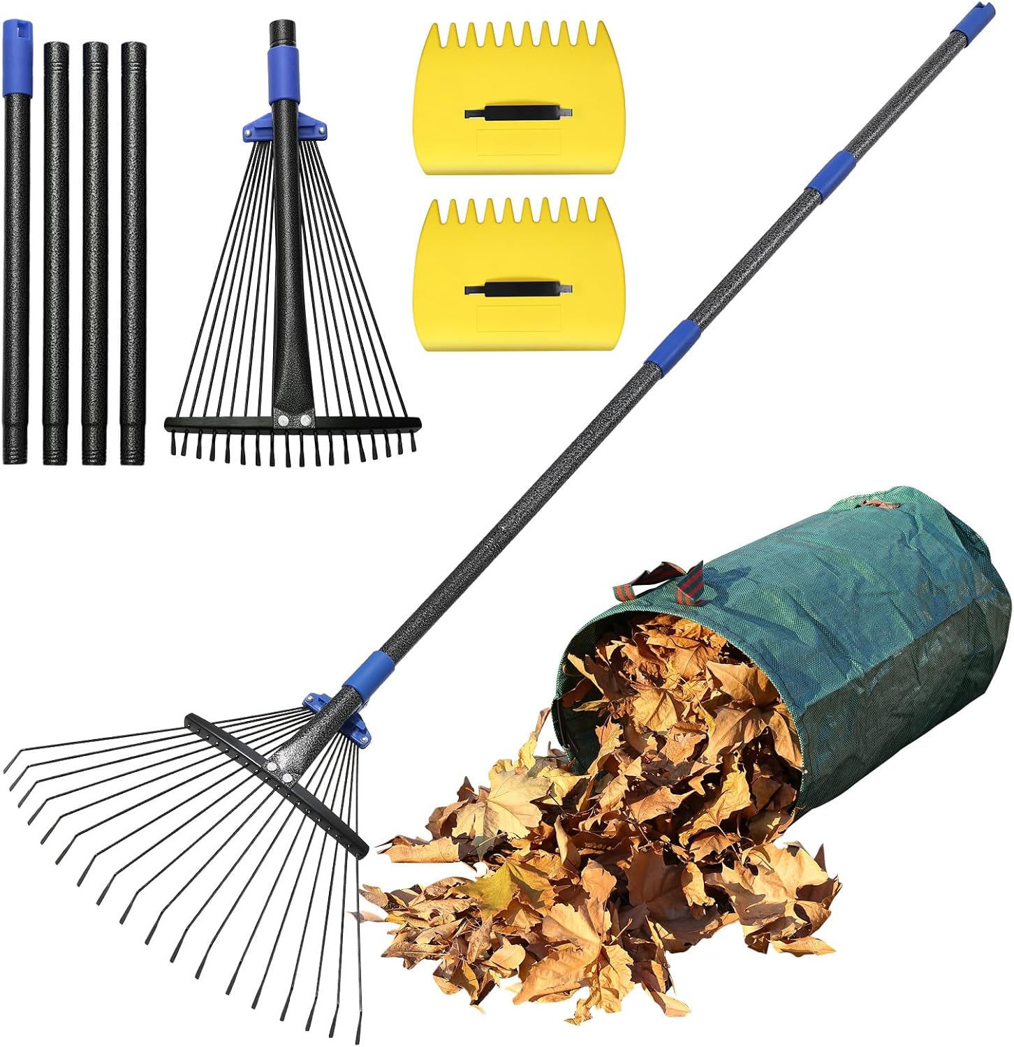 Garden Leaf Rake Set: 18 Tines Adjustable Rake, 2 Leaf Scoops, 32Gallon Leaf Bag, Metal Leaf Rakes with 8-17" Expandable Head, 75” Long Handle, Heavy Duty for Women Kids Lawn Yard Leaves Raking